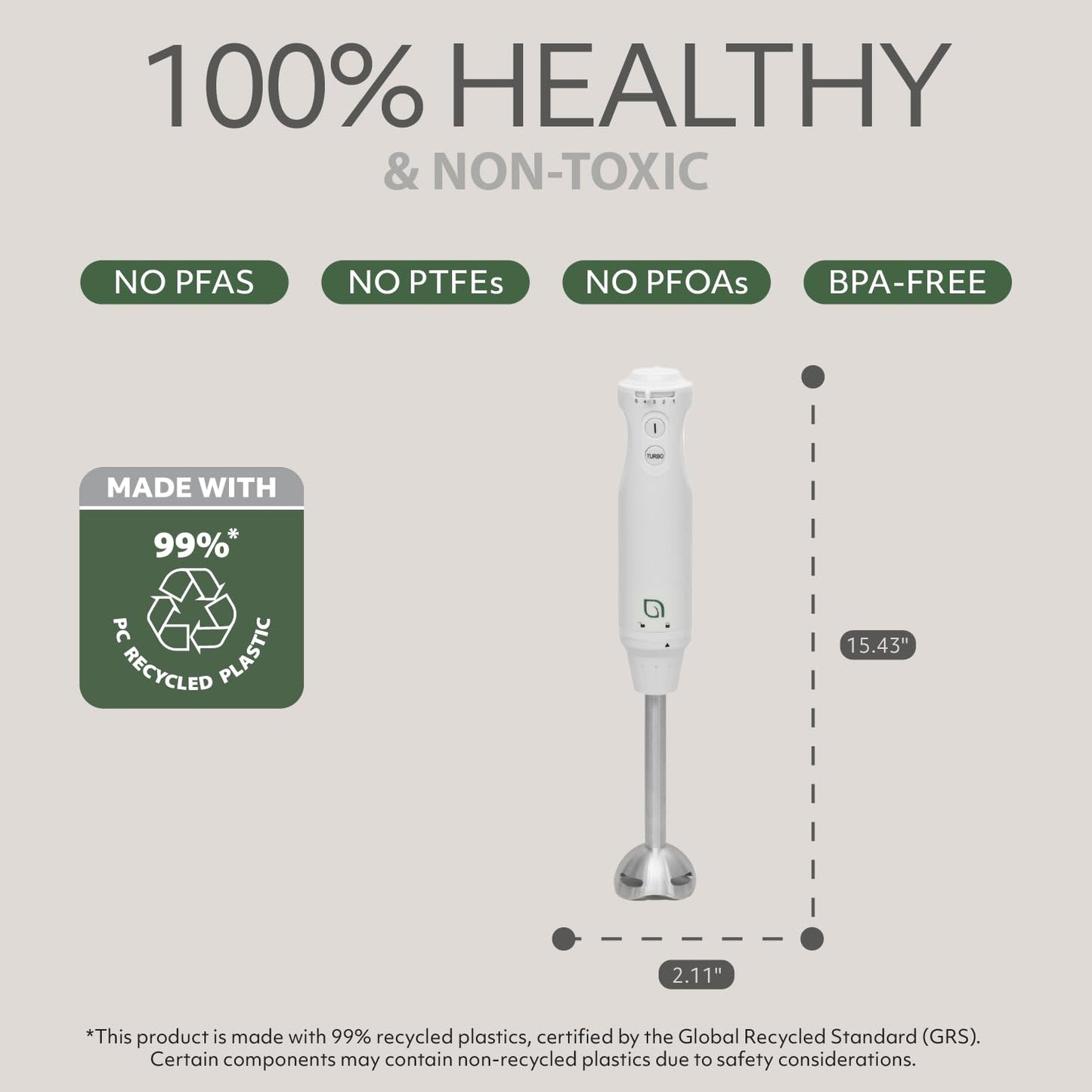 WILLOW Eco Series 5 Speed Immersion Blender Handheld, Powerful yet Quiet 500 Watt Electric Stick Blender with Turbo Mode & Removable Base, Hand Blender for Soup, Smoothie, 304 Stainless Steel - WHITE