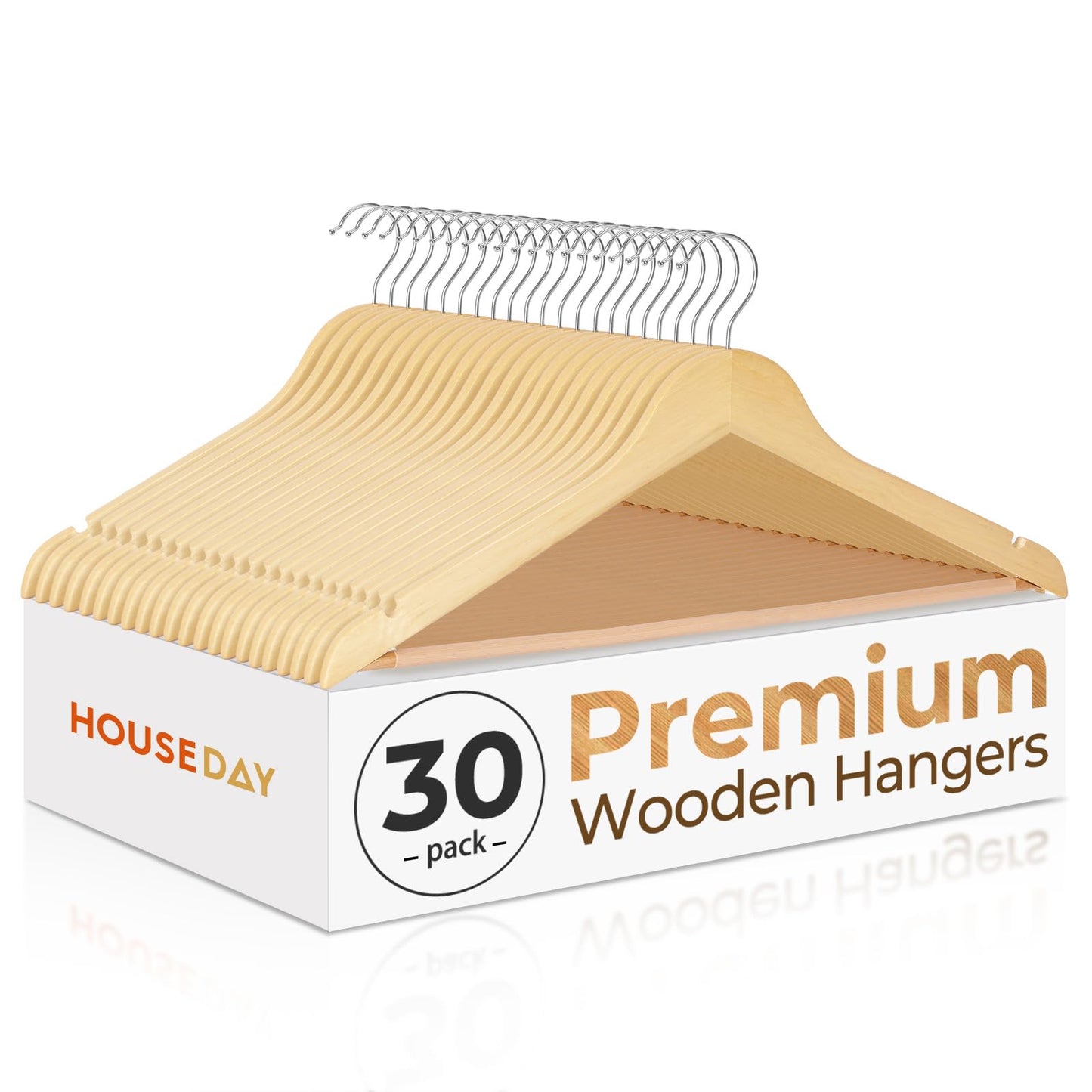 HOUSE DAY Premium Wooden Coat Hangers 30 Pack, Heavy Duty Solid Wood Clothes Hangers with 360° Swivel Hook & Pant Bar for Jackets, Dress, Shirts, Natural Wood Suit Hanger for Closet Organizer