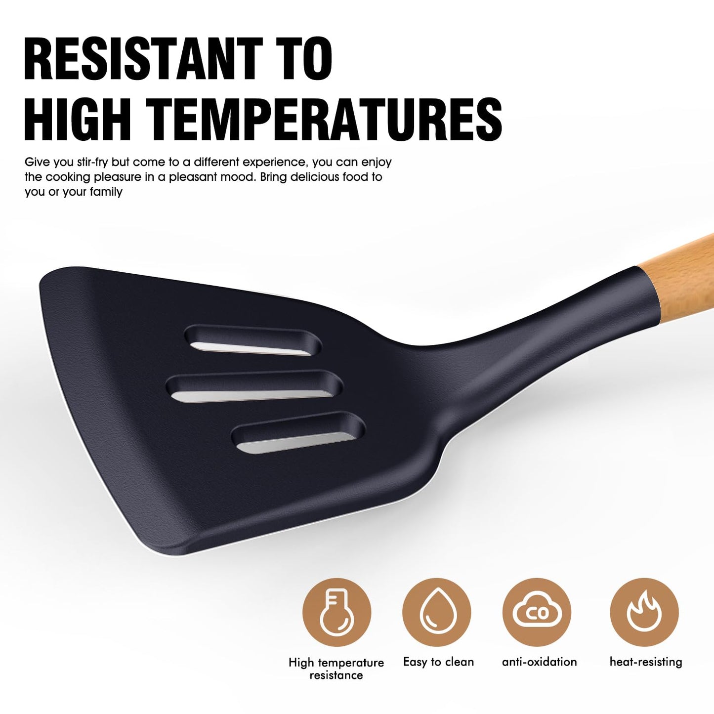 Silicone Cooking Utensils Set - AVGPD Silicone Kitchen Utensils for Cooking Wooden Handles, 446°F Heat Resistant Kitchen Utensil Spatula Sets, Gadgets for Non-Stick Cookware BPA FREE (Navy Blue)