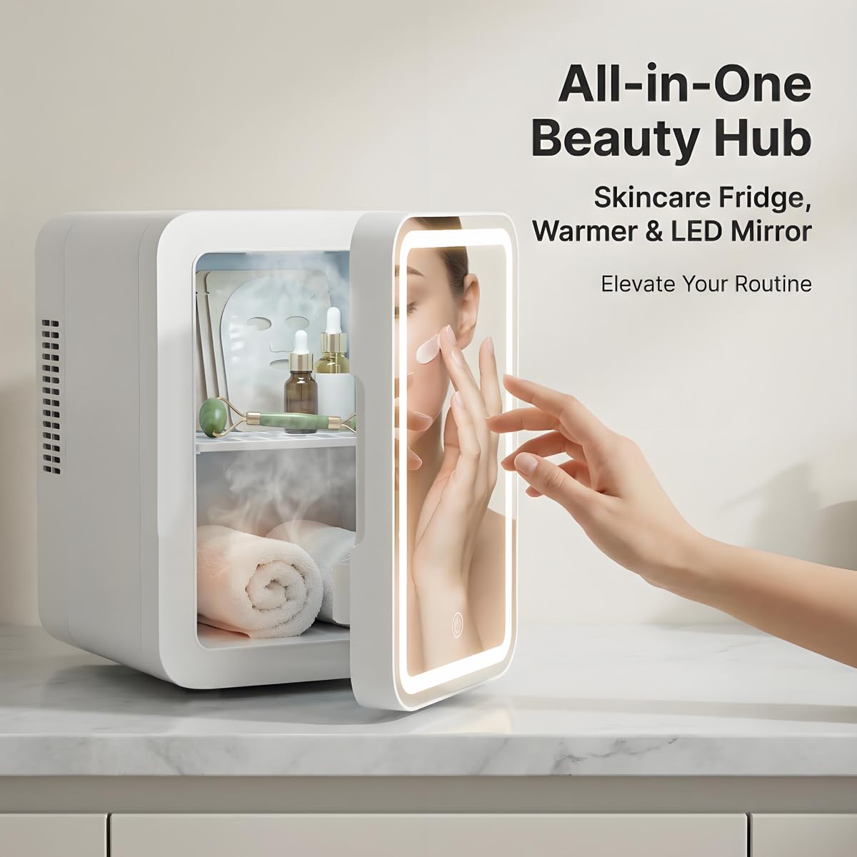 Lispin Mini Fridge for Bedroom, 4L Skincare Fridge with Dimmable LED Light Mirror for Dorm & Office, Portable Cooler & Warmer Small Compact Refrigerator for Skincare, Makeup and Cosmetics