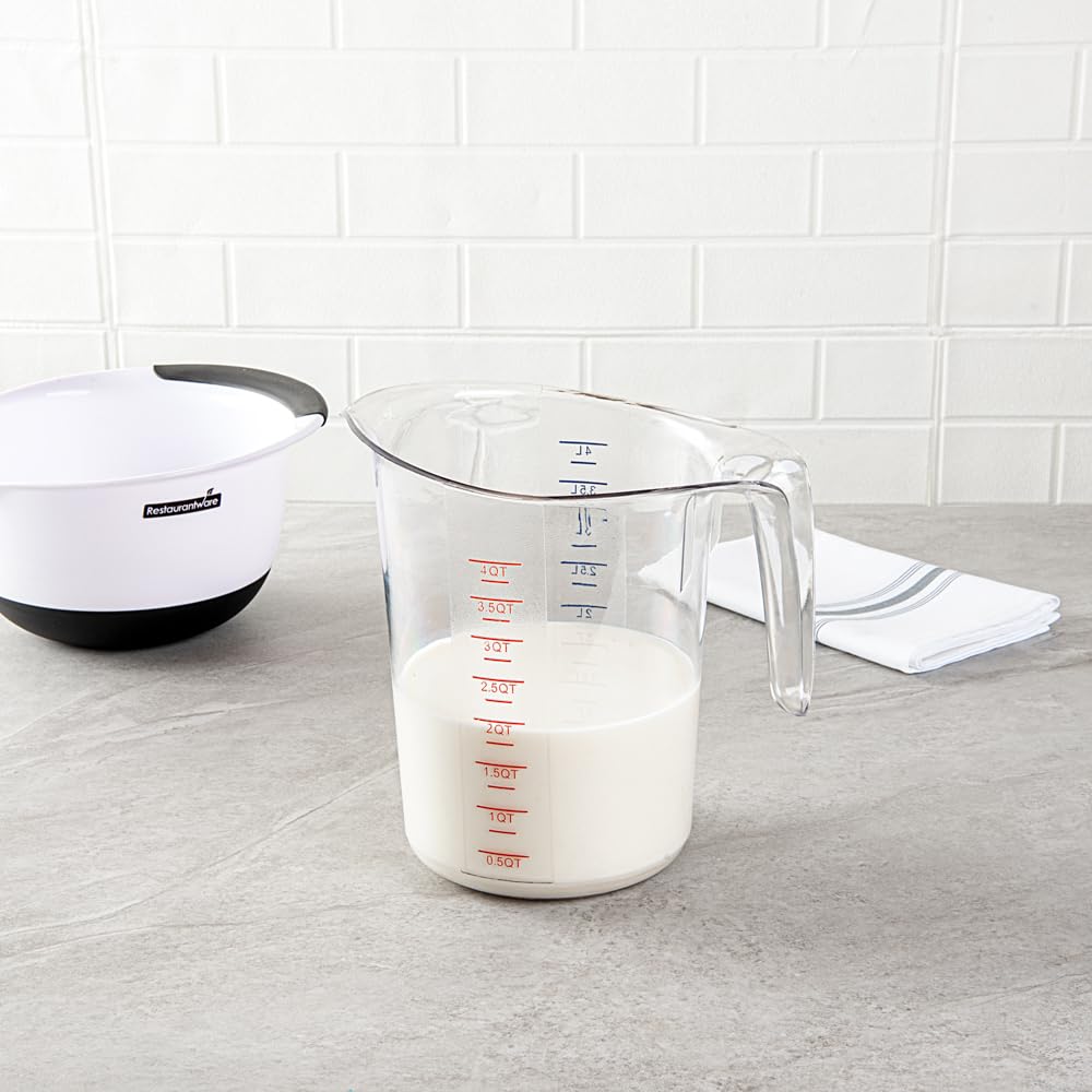 Restaurantware RW Base 4 Quart Measuring Jar 1 Durable Measuring Beaker - Metric And Imperial Units V-Shaped Spout Clear Plastic Measuring Cup Handle With Thumb-Grip Tolerates Up To 248F