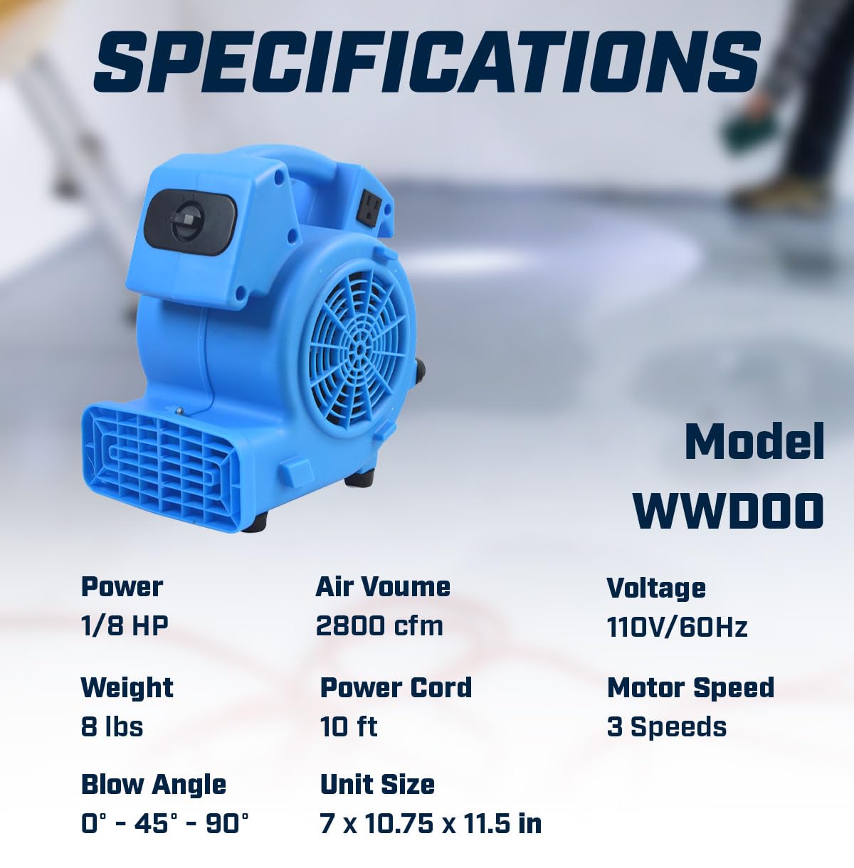 BLOTEK 1/8 HP 600 CFM Air Mini Mover Carpet Dryer Floor Fan with High-Power Airflow for Fast Drying WWD00