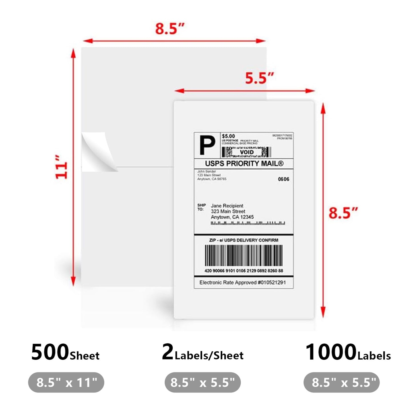 9527 Product 8.5" x 5.5" Half Sheet Self Adhesive Shipping Labels for Laser & Inkjet Printers, Easy to Peel Label, 500 Sheet 8.5 x 11 Address Labels, 2 Labels per Sheet (1000 Labels)