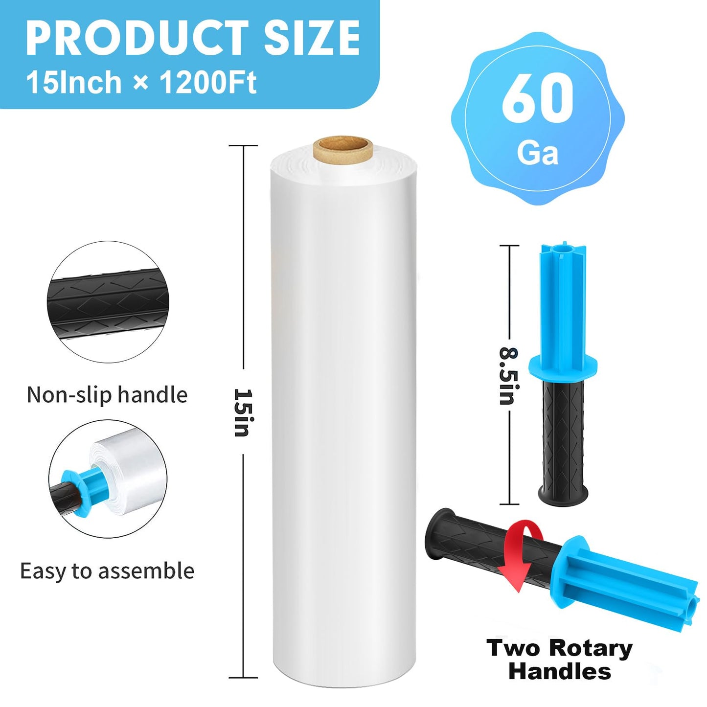 Stretch Film, PANDRI 2 Rolls Stretch Wrap with Handles Industrial Strength, Clear Shrink Wrap, Plastic Wrap for Moving Pallet Wrap, 15" x 1200 Ft Per Roll, 60 Ga, 2 Handles