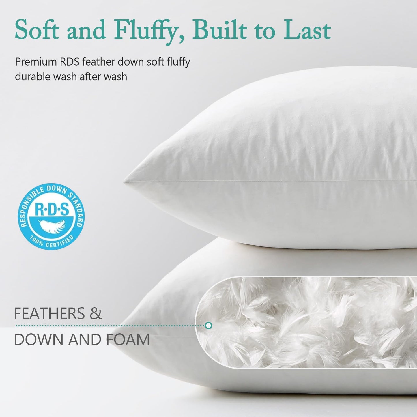 BPC Luxury Feather Down 20x20 Pillow Inserts Set of 2, Soft Fluffy Throw Pillow Inserts, 100% Organic Cotton Cover, Square Pillows for Couch, Living Room, Bed, Sofa