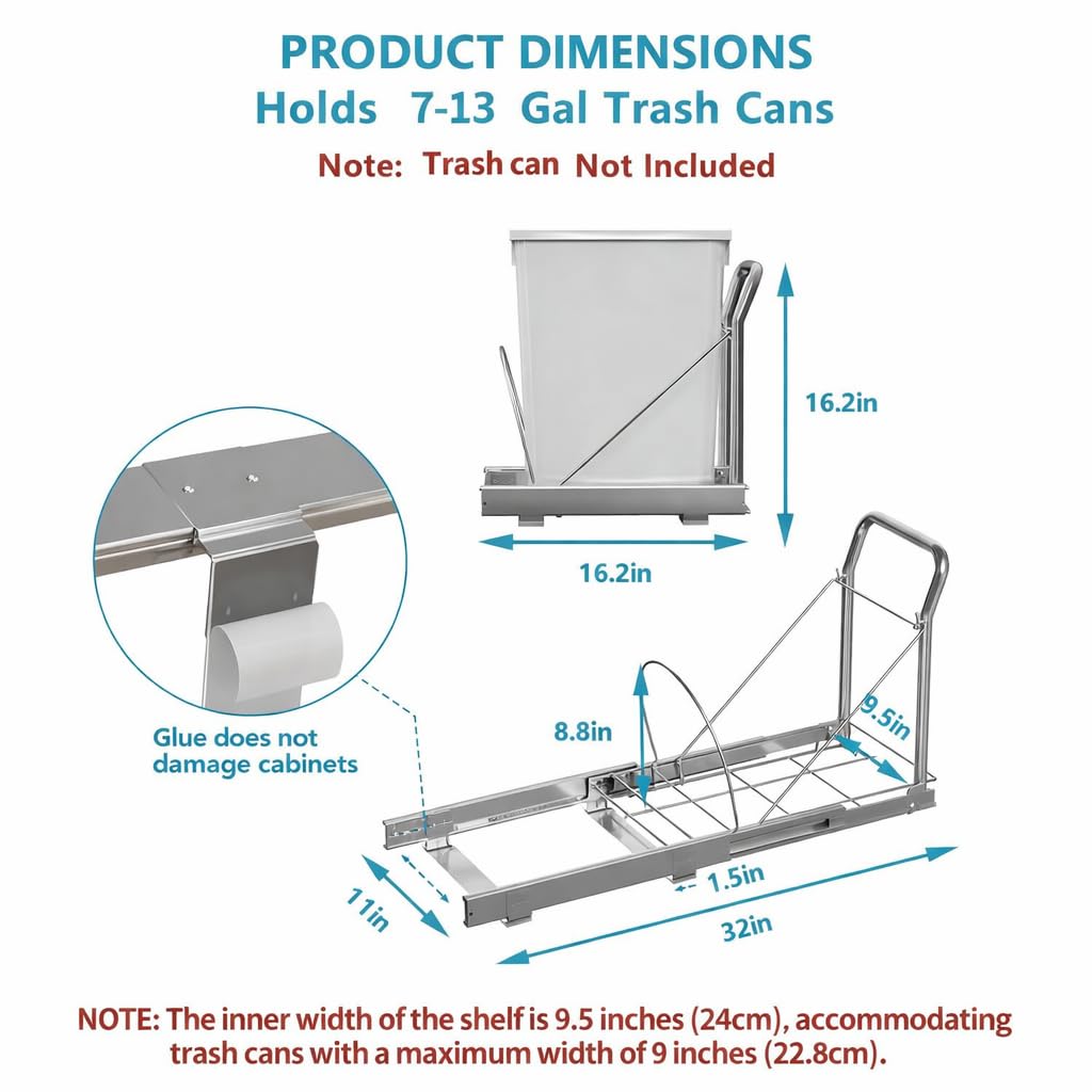 Pull Out Trash Can Under Cabinet with Soft-Close Slides，Heavy Duty Slide Out Under Sink Garbage Can for Kitchen，Adjustable Tail Groove for Can，Requires 13" W X 18" D Cabinets,(Not Included Trash Can)