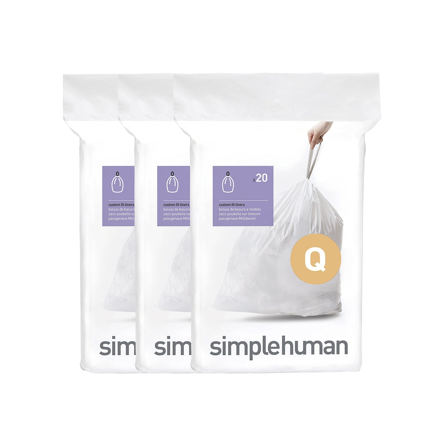 simplehuman Code Q 60 Count Custom Fit Liners, Drawstring Kitchen Trash Bags, One-by-One Mess-Free Dispense, Extra Thick & Double Seamed, 50% PCR Plastic, 50-65 Liter / 13-17 Gallon, White
