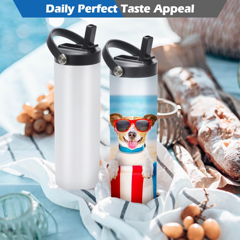 12 Pack Sublimation Tumblers Flat Edge Blanks Skinny Straight 20 oz, Stainless Steel Double Wall Insulated Sublimation Water Bottles with Portable Handle & Straw Lids for Heat Transfer, White