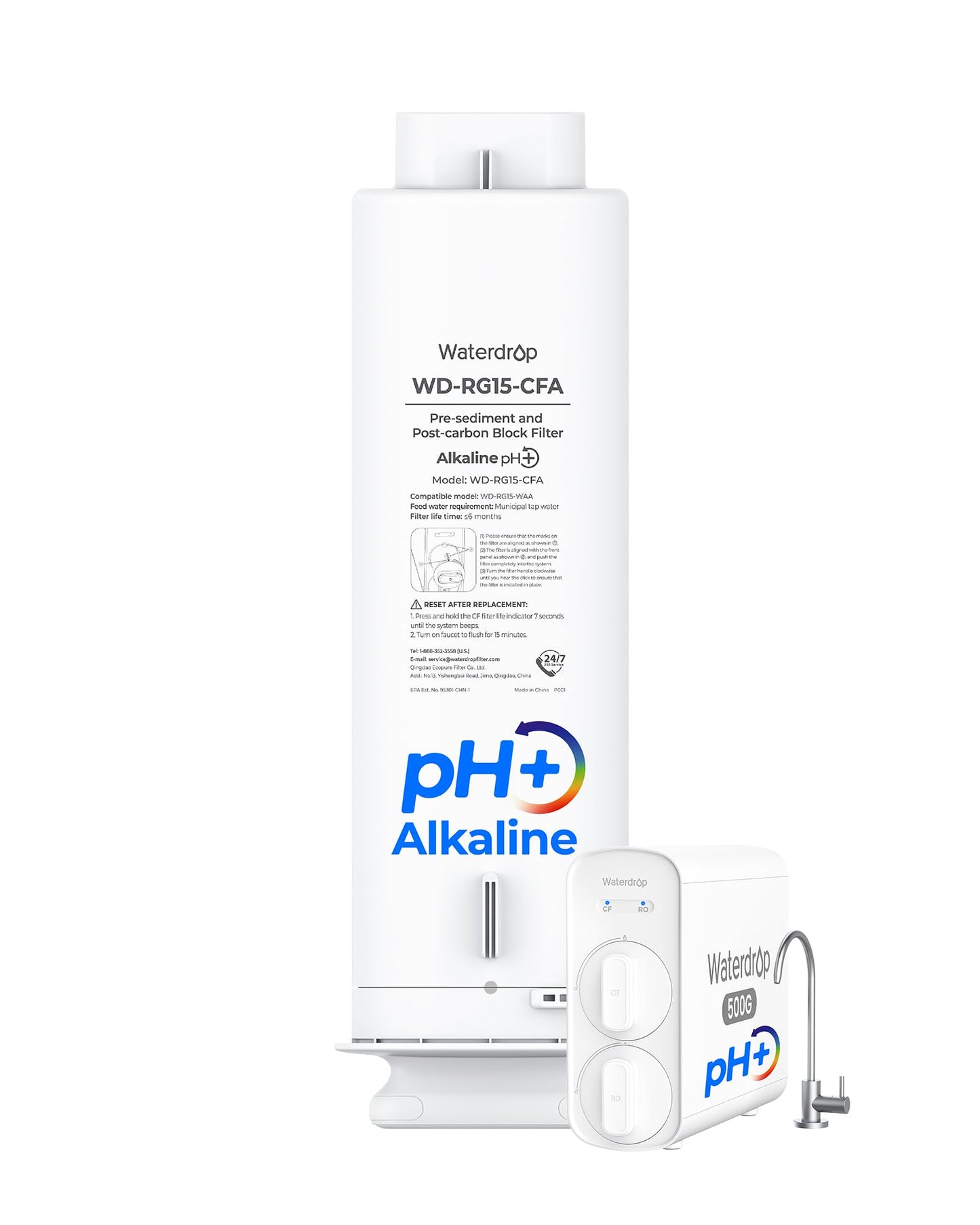 Waterdrop G5P500A-CF Filter, Replacement for Waterdrop G5P500A Undersink Reverse Osmosis System, 6-month Lifetime