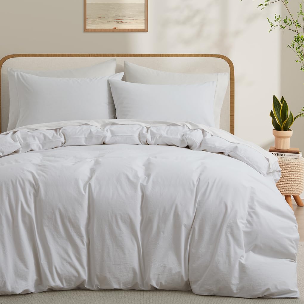 100% Washed Cotton Duvet Cover Queen Size, White Linen Like Breathable Natural Bedding Set (No Comforter), 90x90 Inches