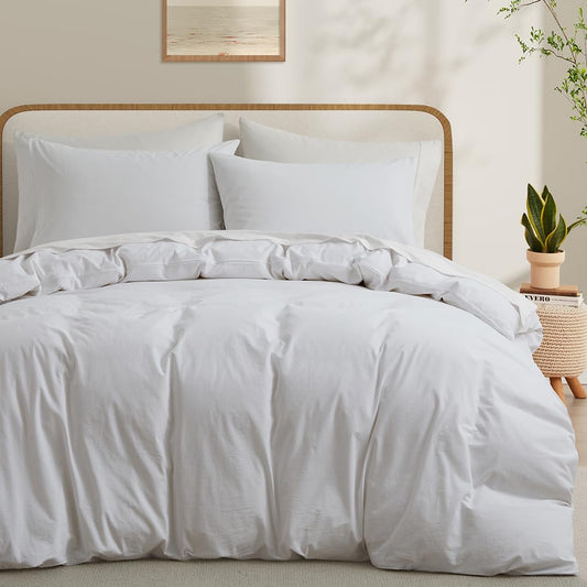 100% Washed Cotton Duvet Cover Queen Size, White Linen Like Breathable Natural Bedding Set (No Comforter), 90x90 Inches