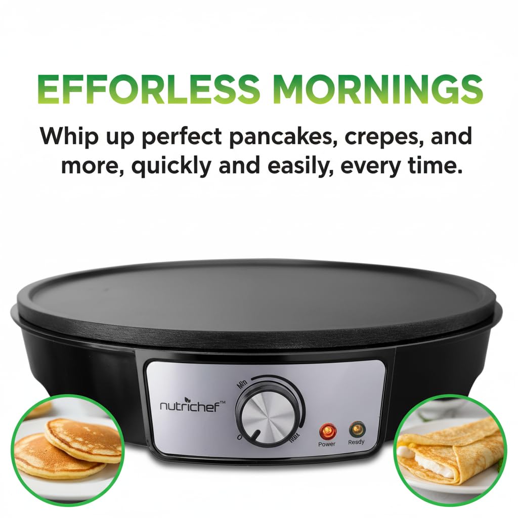 Nutrichef Electric Crepe Maker Pan & Griddle | 12 Inch Nonstick Cooktop | LED Indicators & Adjustable Temperature Control | Includes Spatula, Batter Spreader | Cooks Crepes, Roti & Pancakes