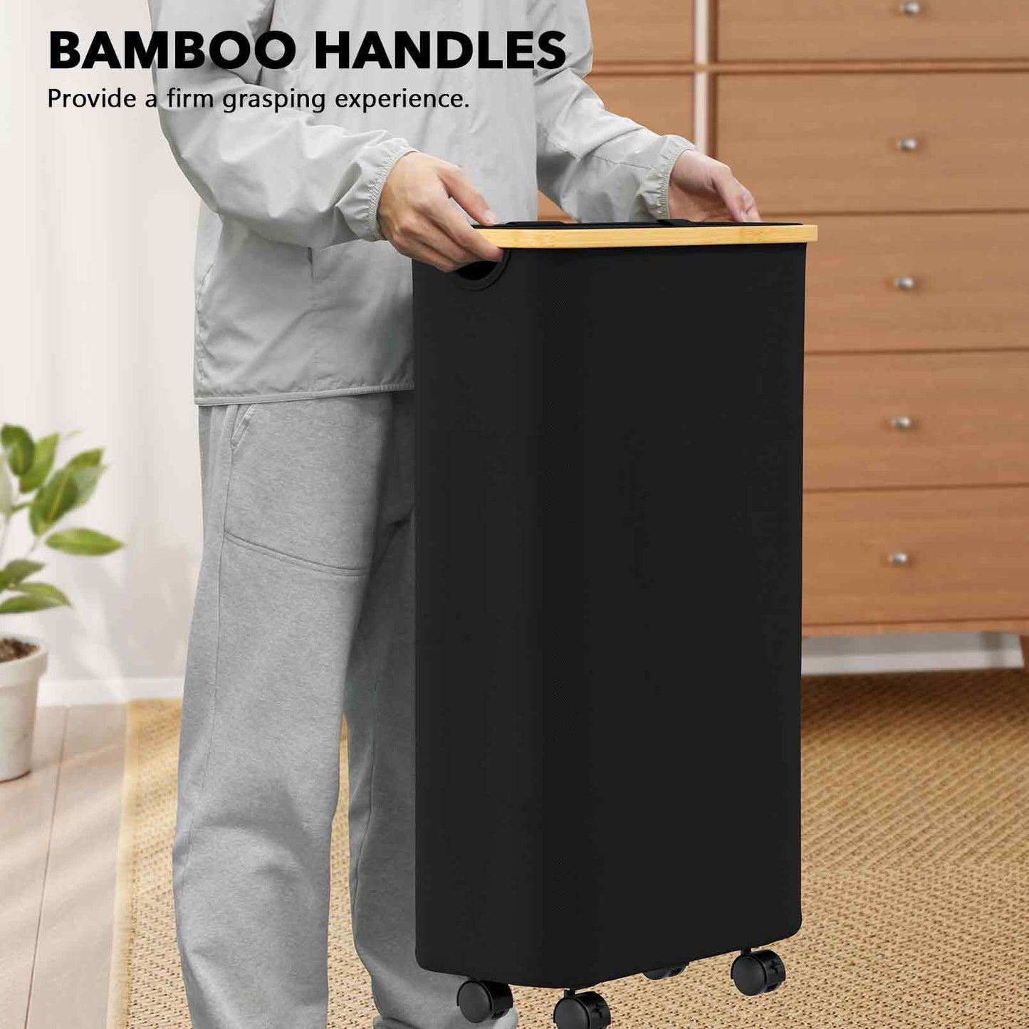 SpaceAid Slim Laundry Hamper with Wheels and Lid,62L Rolling Narrow Clothes Basket with Bamboo Handle, Large Laundry Hamper for Bedroom, Bathroom, Dorm, Laundry Room - Black
