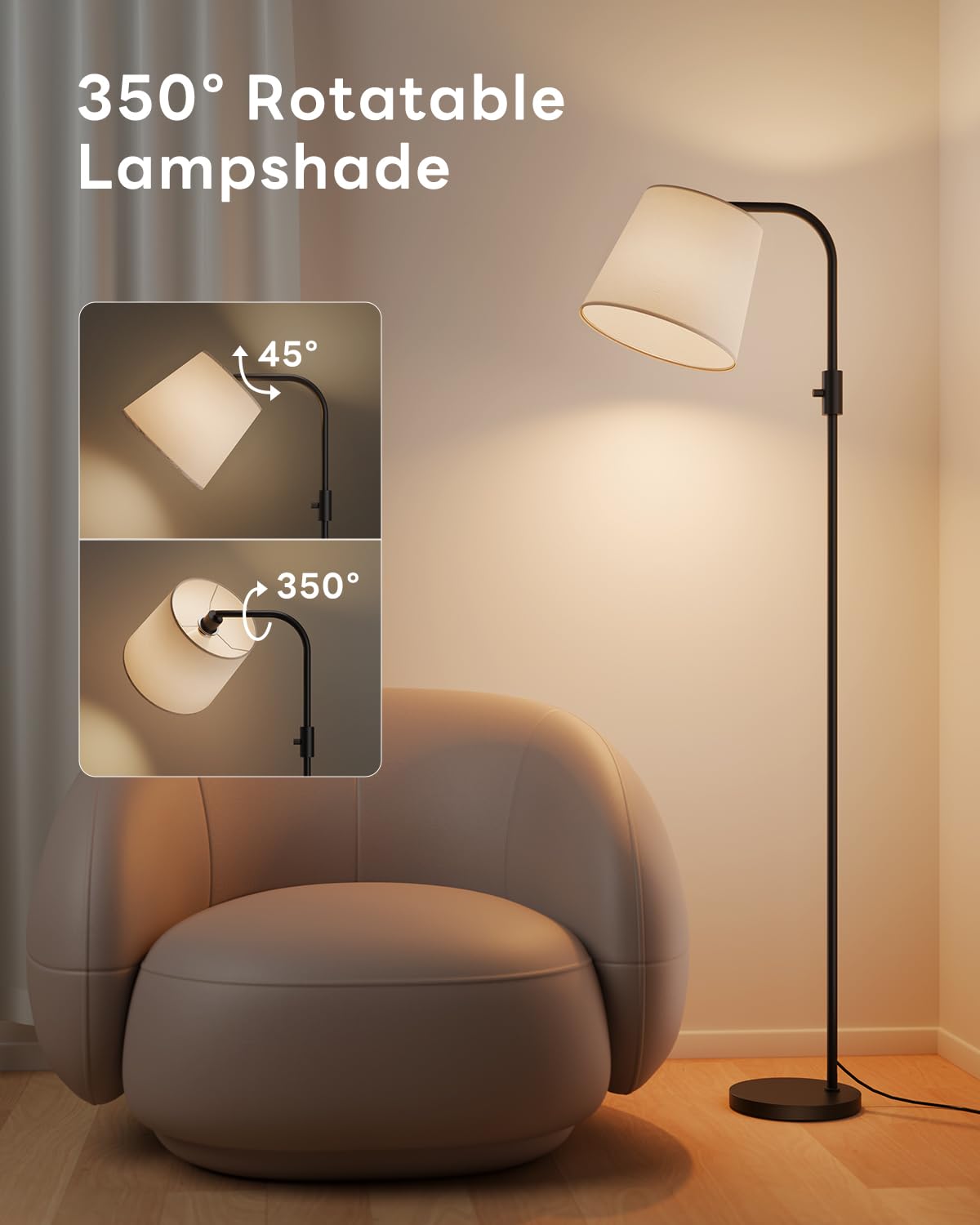 VARICART Dimmable Arc Floor Lamp, 1200 Lumens RGBCW Color Change Bulb Included, Standing Lamp with Linen Shade, 65" Tall Lamp with Remote for Living Room, Bedroom, Office, Dining Room, Kitchen, Black