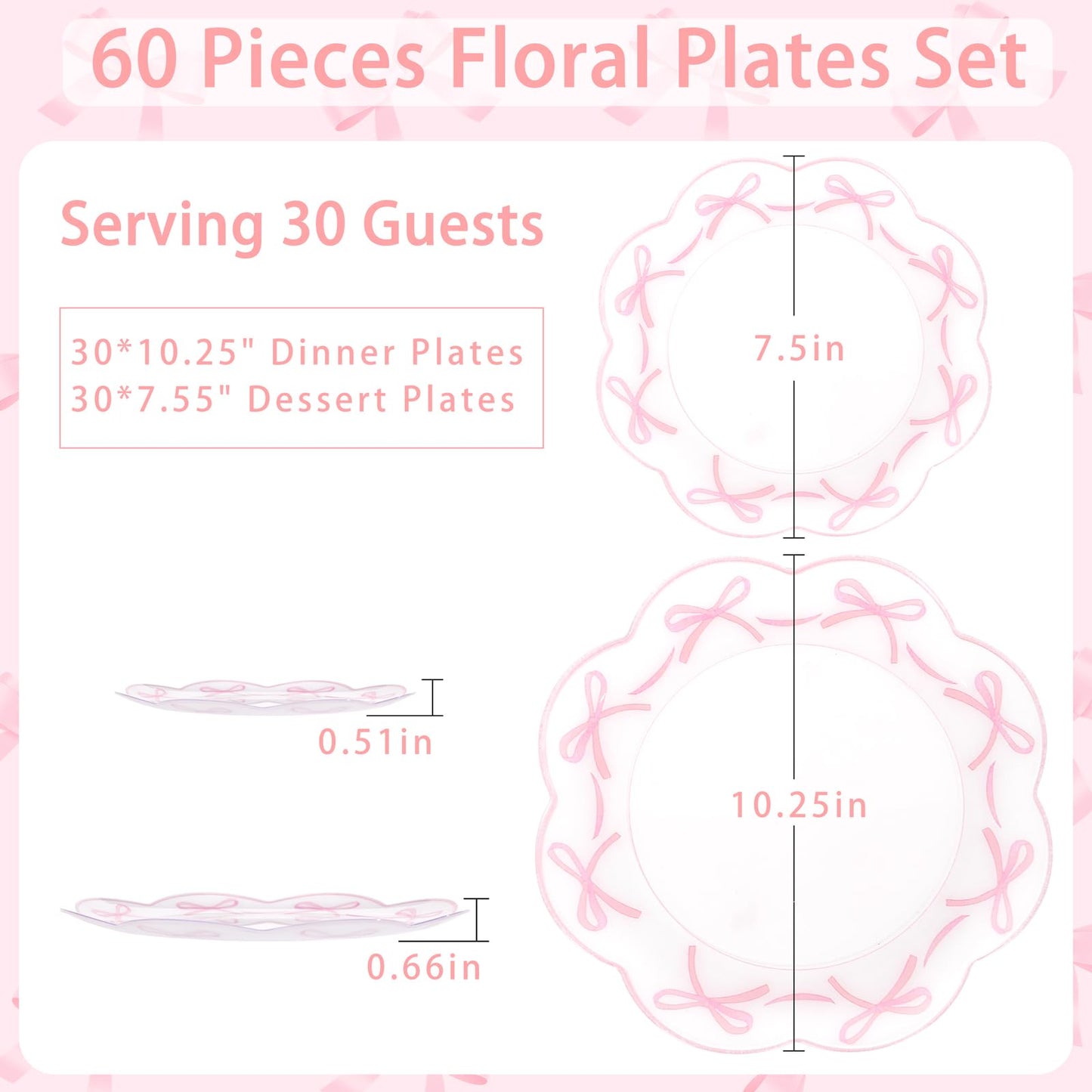 LIYH 60 Pcs Pink Bow Plastic Plates for Party - Pink Scalloped Scalloped Plates Disposable Heavyduty for Decorative Tableware for Holiday Party Decor Supplies - 10.25" Dinner & 7.5" Dessert Plate