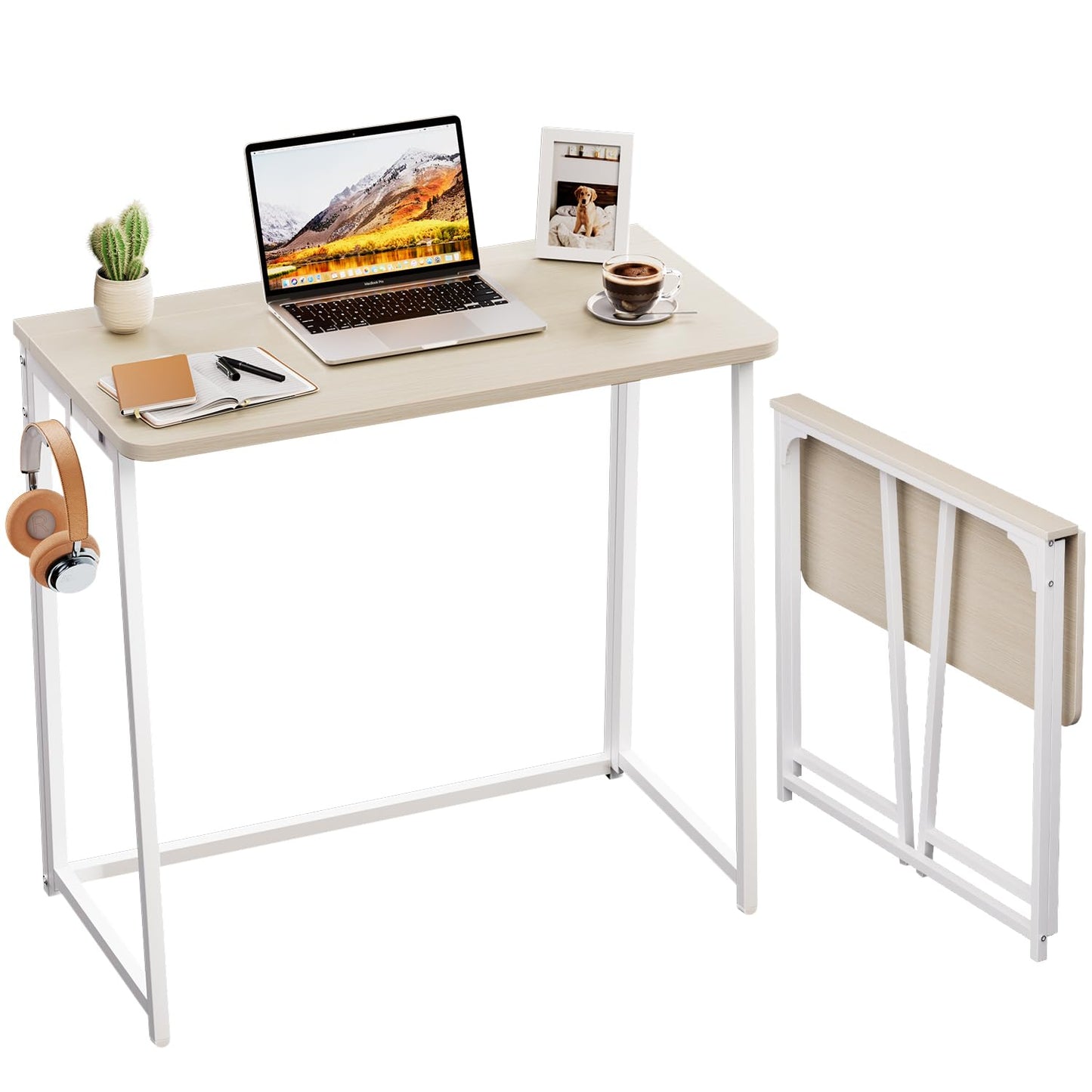 WOHOMO Folding Desk, Small Foldable Desk 31.5" for Small Spaces, Space Saving Computer Table Writing Workstation for Home Office, Easy Assembly, Oak