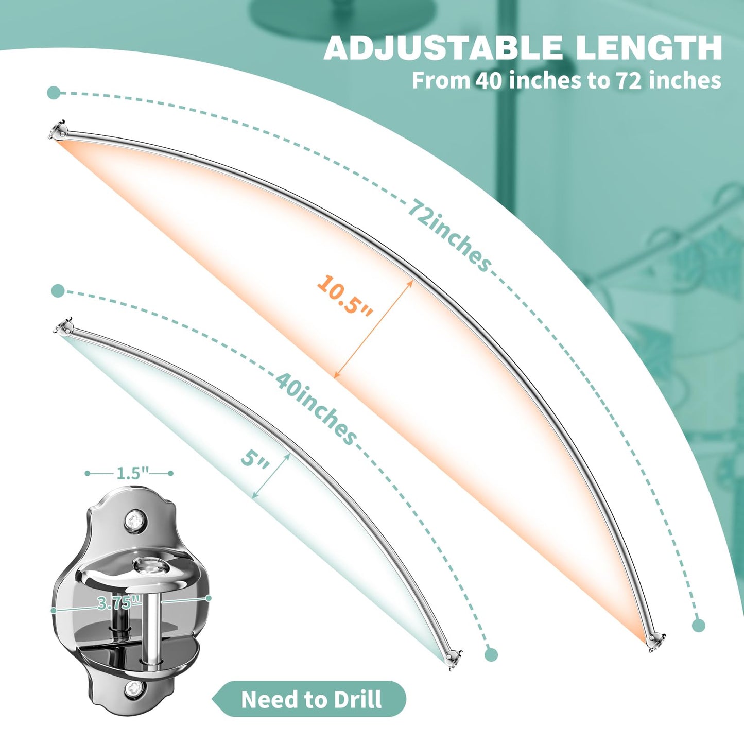 Mcrbeay Curved Shower Curtain Rod, Adjustable 40-72 inches Extra Wide Curved Shower Rods for Bathroom, Stainless Steel Round Shower Curtain Rod for Bathtub, Rustproof, Silver