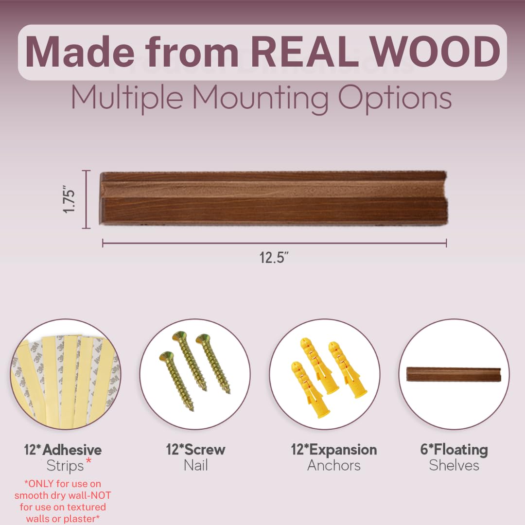 Vinyl Wall Mount Pack of 6 Pinewood Vinyl Record Holder Wall Mount with 2 Mounting Options Vinyl Shelf Walnut Stain Finish Vinyl Record Display - Vinyl Record Shelf - Vinyl Record Wall Mount