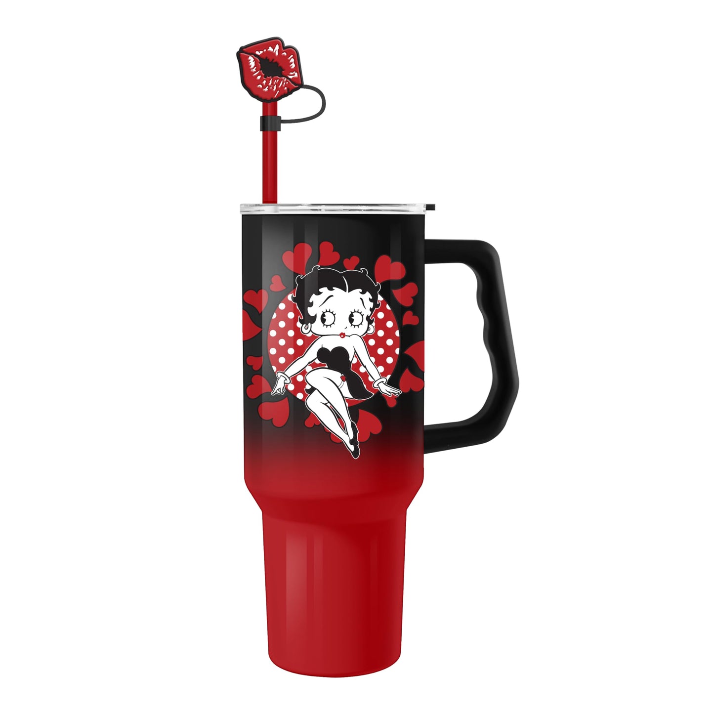 Silver Buffalo Betty Boop Core Cute Sitting Pose Hearts and Dots Stainless Steel Tumbler with Straw Cover Cap, Lid, Straw and Handle - 40 oz