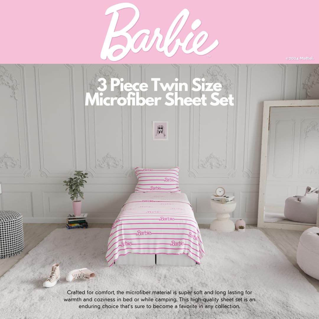 Barbie Logo Bedding Super Soft Cozy Microfiber 3 Piece Twin Sheet Set, (Officially Licensed Product) by Franco