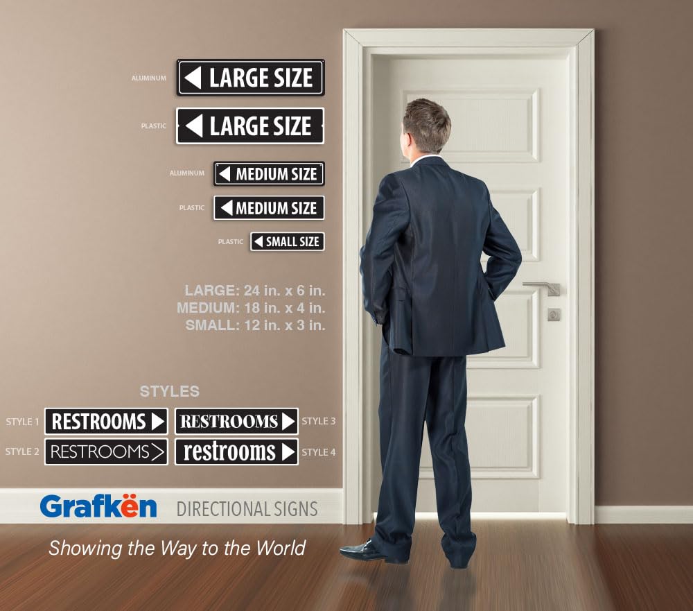 Grafkën GRX1236 Aluminum Sign LARGE 24 in x 6 in: RESTROOMS. NO-ARROW (black/white) Style 2
