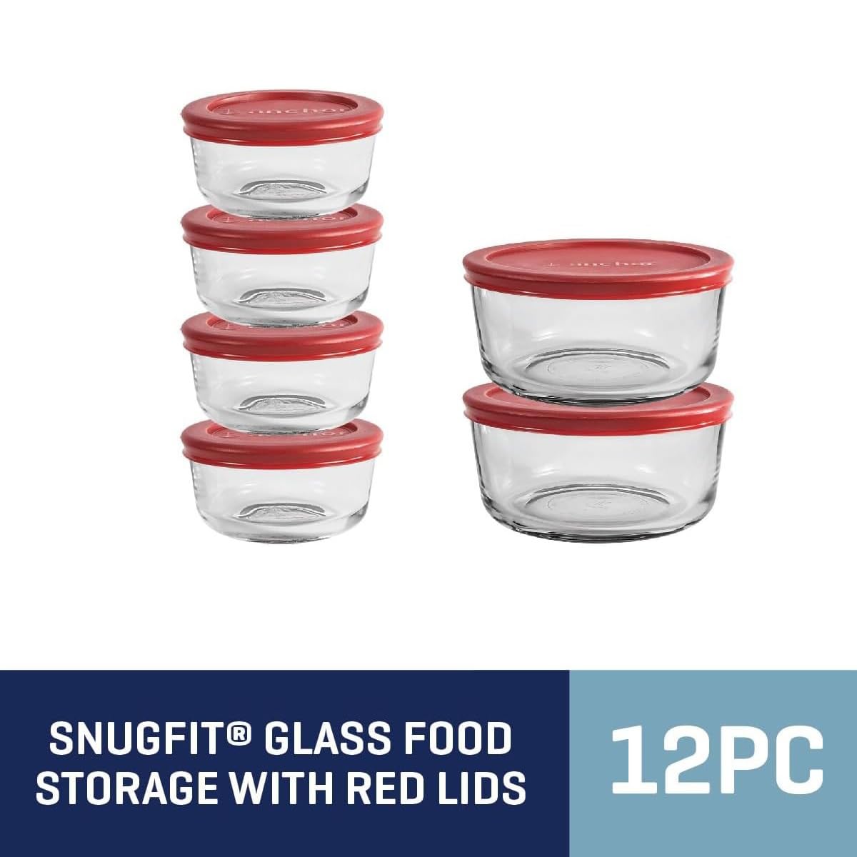 Anchor Hocking 12 Piece Glass Storage Containers with Lids (6 Glass Food Storage Containers & 6 Red SnugFit Lids)