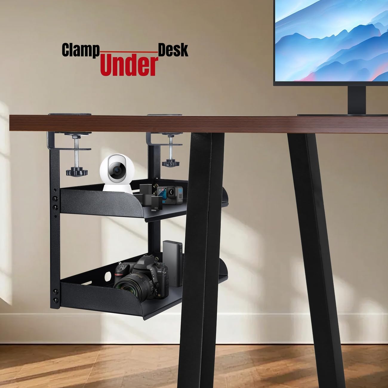 CanKing Clamp Desk Shelf 2 Layer Clip On or Under Table Organizer, Black, 16 inch