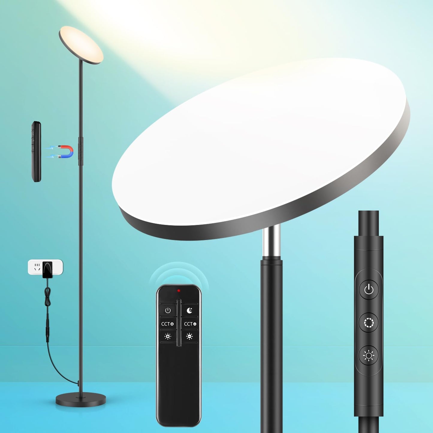 LED Floor Lamp, 3000LM 30W Super Bright Standing Lamp, 300W Equivalent Modern Torchiere Sky Lamp, 2700K-6500K Stepless Dimming with Remote & Touch Control, 69" Tall Lamp for Living Room Bedroom Office