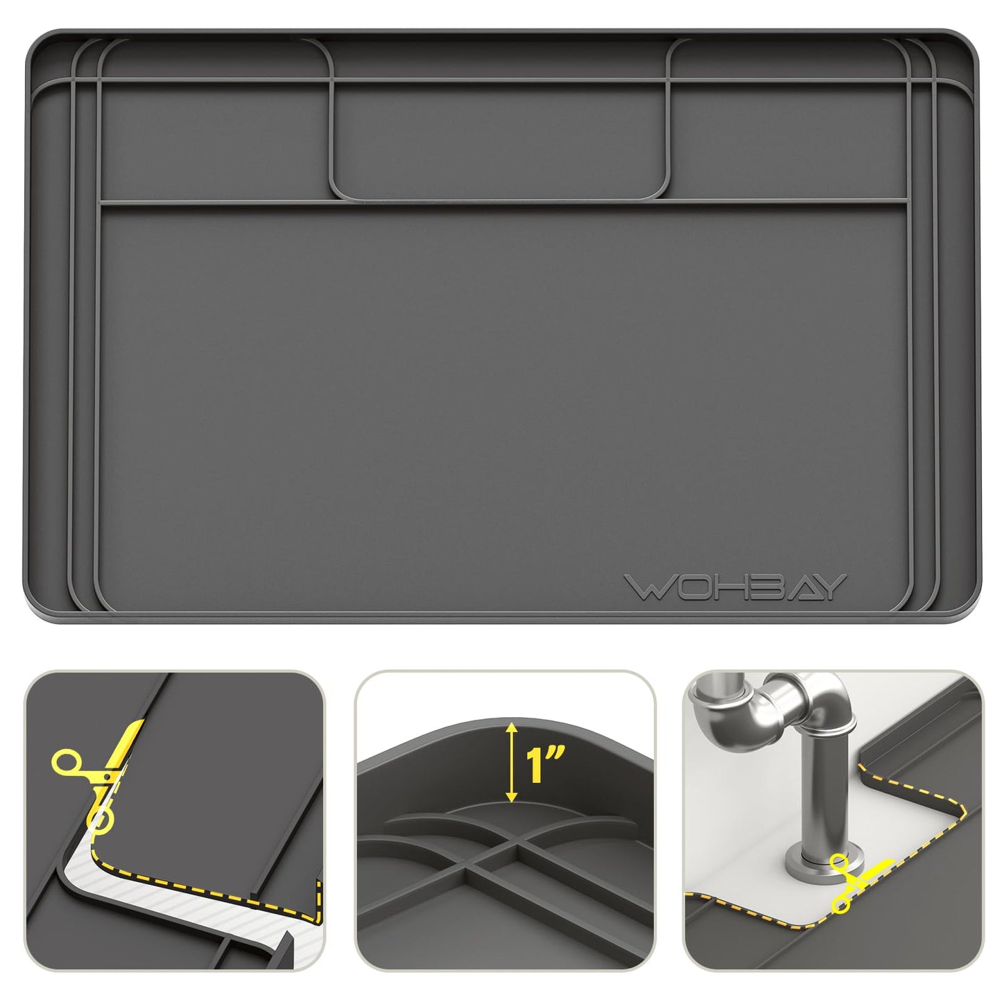 Under Sink Mats for Kitchen Waterproof, 34" X 22" Or Smaller Cut to Fit Under Sink Drip Tray for Kitchen Bathroom Cabinets, Silicone Liner Hold Up to 3.3 Gallons Liquid - Grey