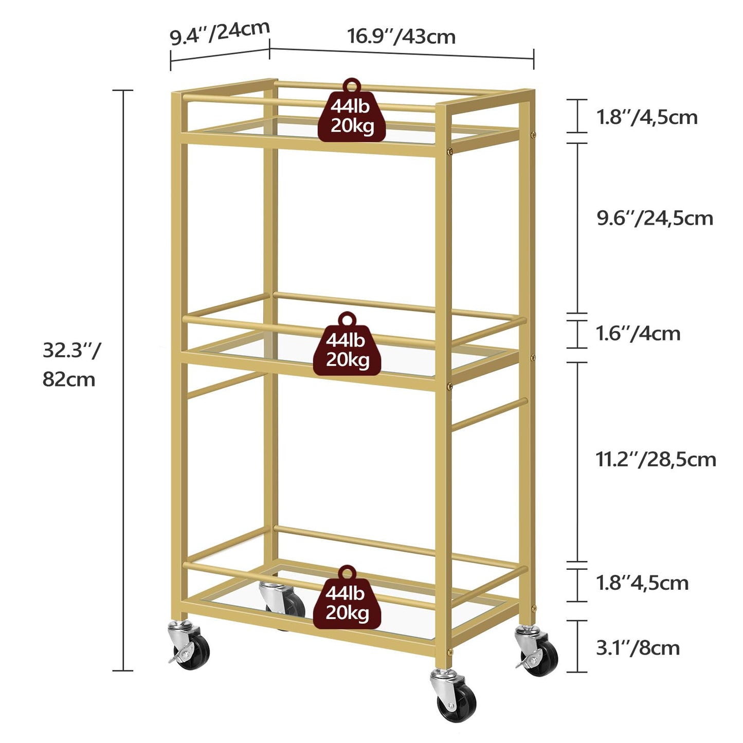 MAHANCRIS Bar Cart for The Home, 3-Tier Drink Cart on Wheels, Home Bar Serving Cart, Mini Bar Cart for Small Space, Kitchen, Dining Room, Gold RCJ40B01