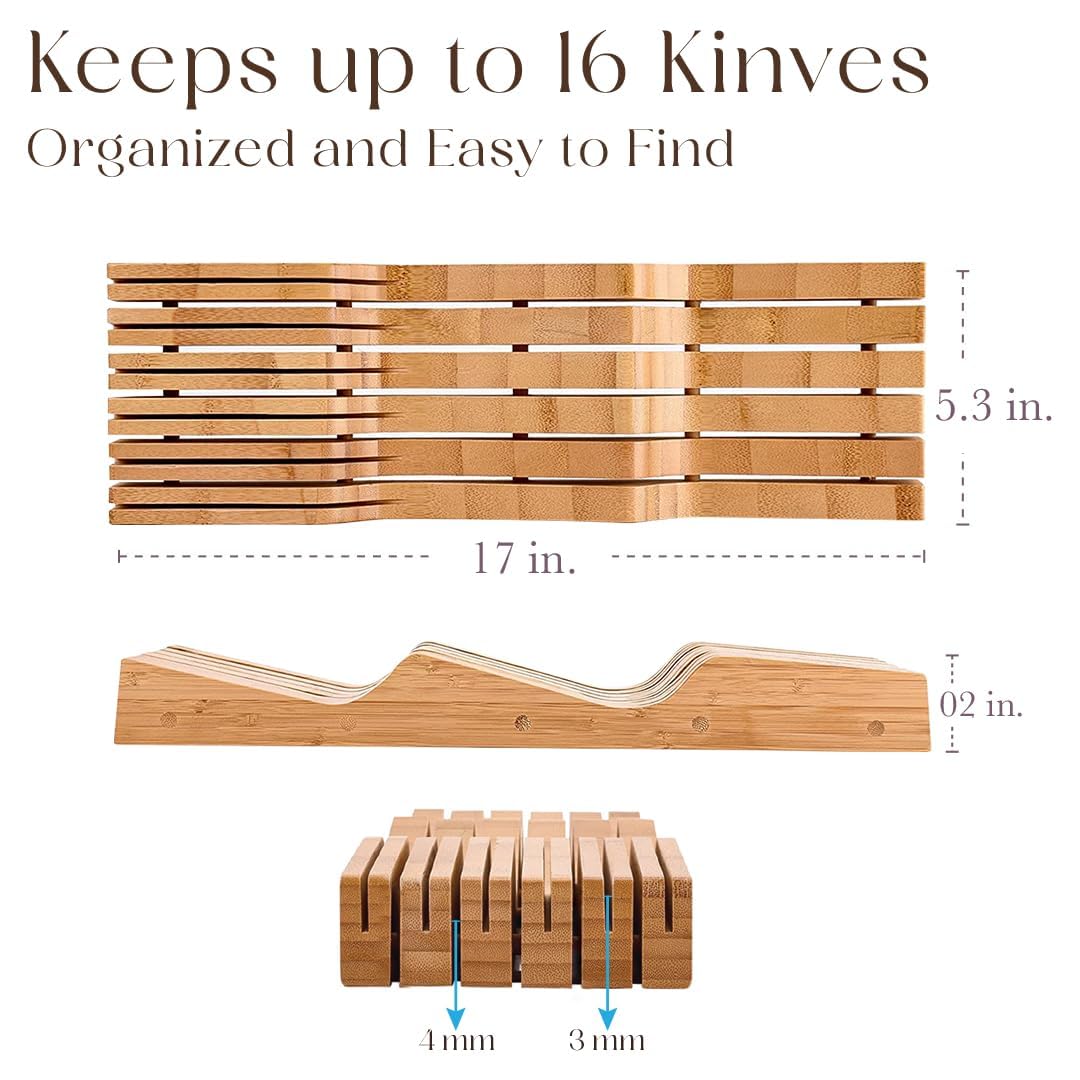 Bellemain 100% Pure Bamboo in Drawer Knife Block | 16 Knife Slots Knife Drawer Organizer | Store Knives Safely with The Blades Down | Storage Solution for Your Kitchen | Knife Organizer Drawer Insert