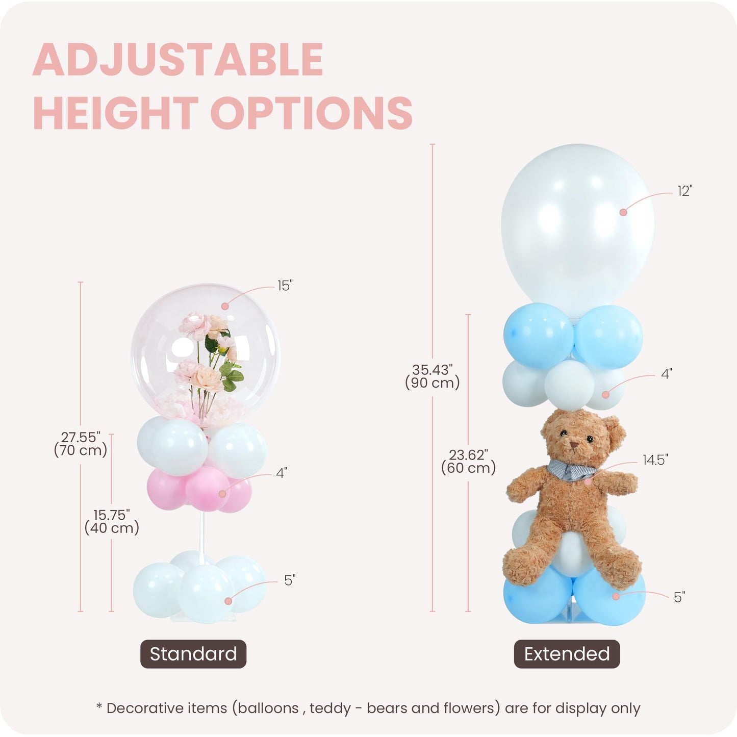 YALLOVE Balloon Stands for Table Set of 10, Adjustable Height 15.75 Inch, 23.62 Inch Balloon Centerpiece Stand, Acrylic Balloon Stick Holder with Base for Party Decorations (Balloons Not Included)