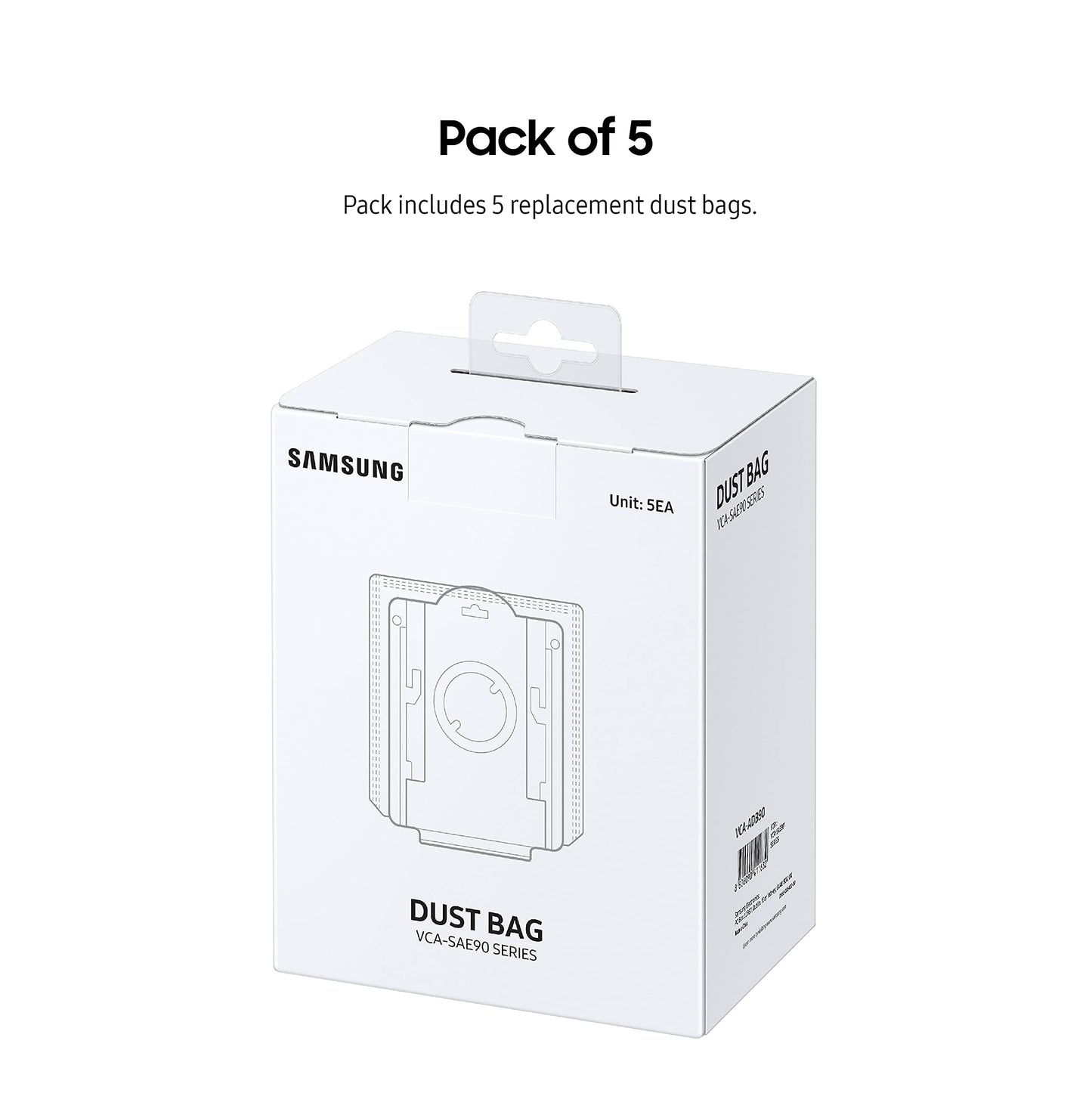SAMSUNG Clean Station Dust Bags, Pack of 5 Replacement Bags for Jet Stick Cordless Vacuum Cleaners, Hygienic Floor Cleaning Solution, VCA-ADB90/XAA, Grey