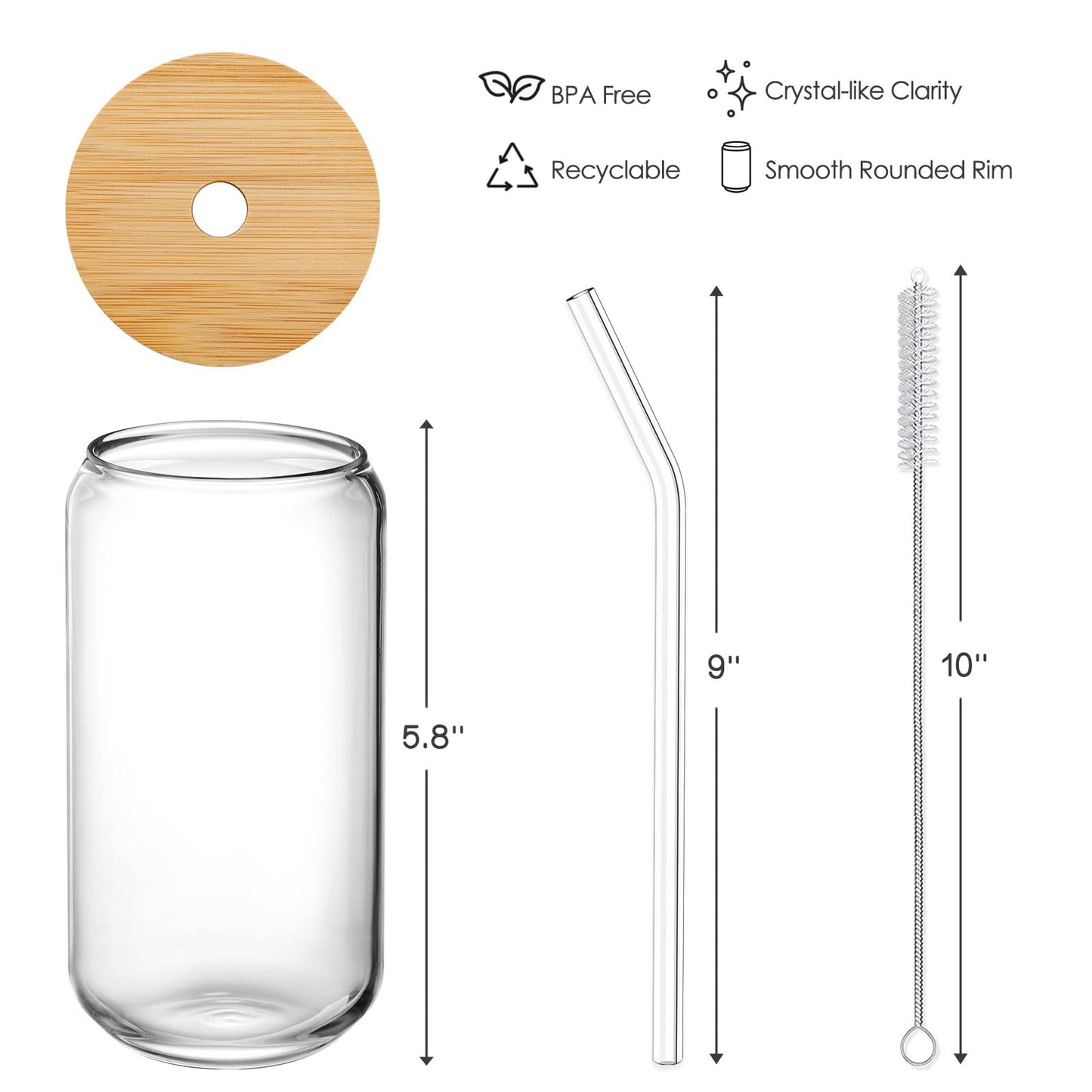 NETANY [ 8pcs Set ] Drinking Glasses with Bamboo Lids and Glass Straw - 16oz Glass Cups, Beer Glasses, Iced Coffee Glasses, Cute Tea Cup, Ideal for Cocktail, Whiskey, Gift - 2 Cleaning Brushes
