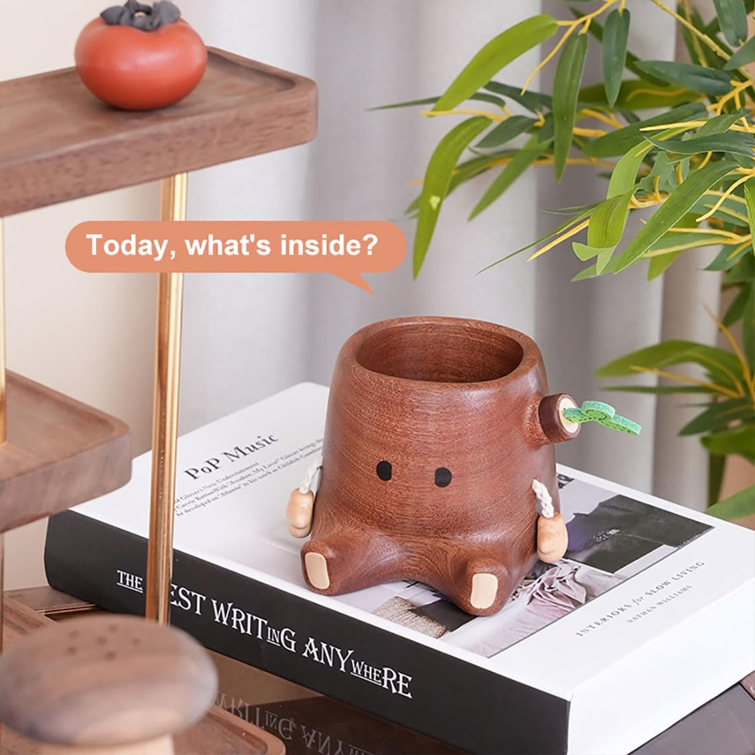 Stump Pen Holder – Cute Wooden Desk Organizer, Fairy Tale Tree Stump Pencil Cup for Stationery, Makeup Brushes, Dried Flowers, Solid Wood Desktop Decor Gift