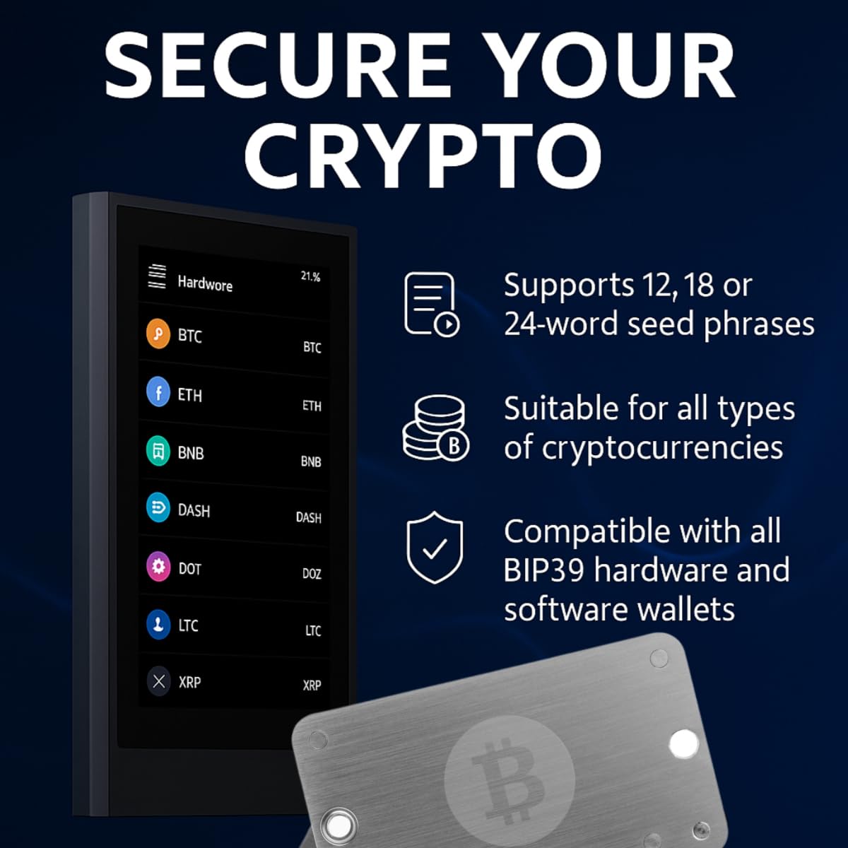 SAMYERLEN Crypto Seed Phrase Storage, 304 Stainless Steel Secure Bitcoin Wallet, Private Key Recovery Cold Storage Backup 3 Plates 24 Words Compatible with BIP39 Hardware Wallets, Ledger, Trezor