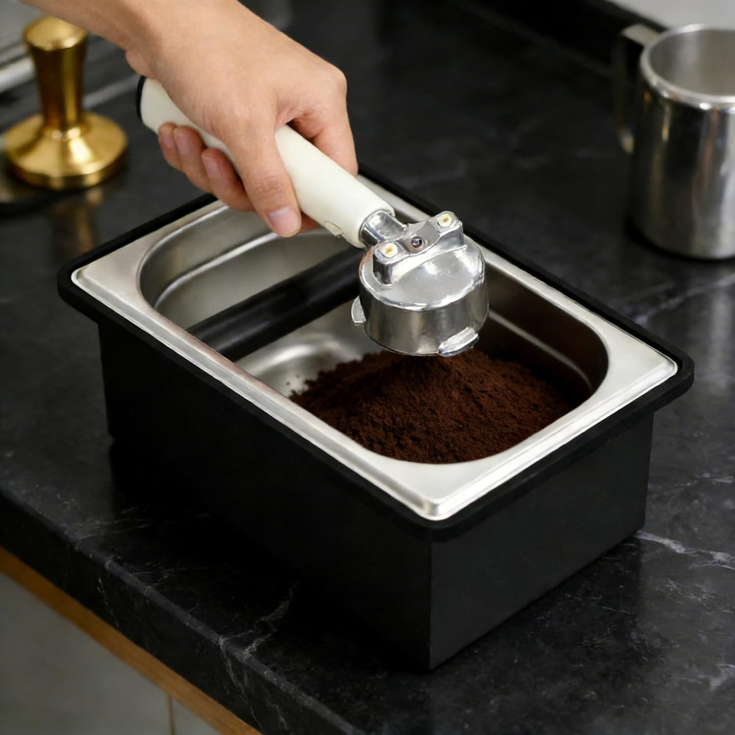 forusom Espresso Knock Box,Stainless Steel Knocker Storage Box, Large Capacity Coffee Container,With Removable Shock-Absorbent Knock Bar and Anti-Slip Base, Espresso Machine Tools for Coffee Grinder