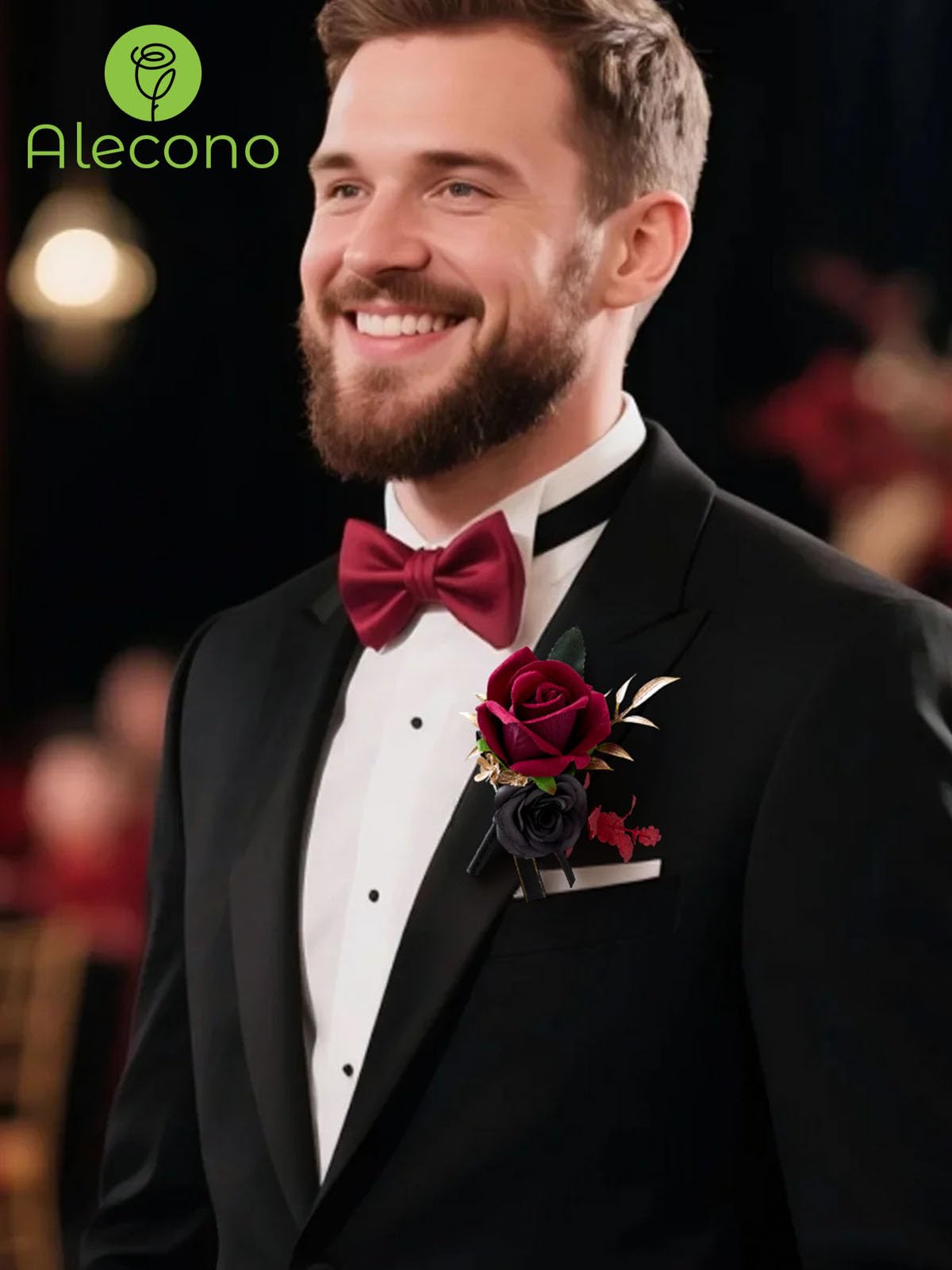 Alecono Burgundy Corsage and Boutonniere Set, Red and Black Rose Corsage Wristlet and Boutonniere for Wedding Prom Flower Accessories Suit Decorations