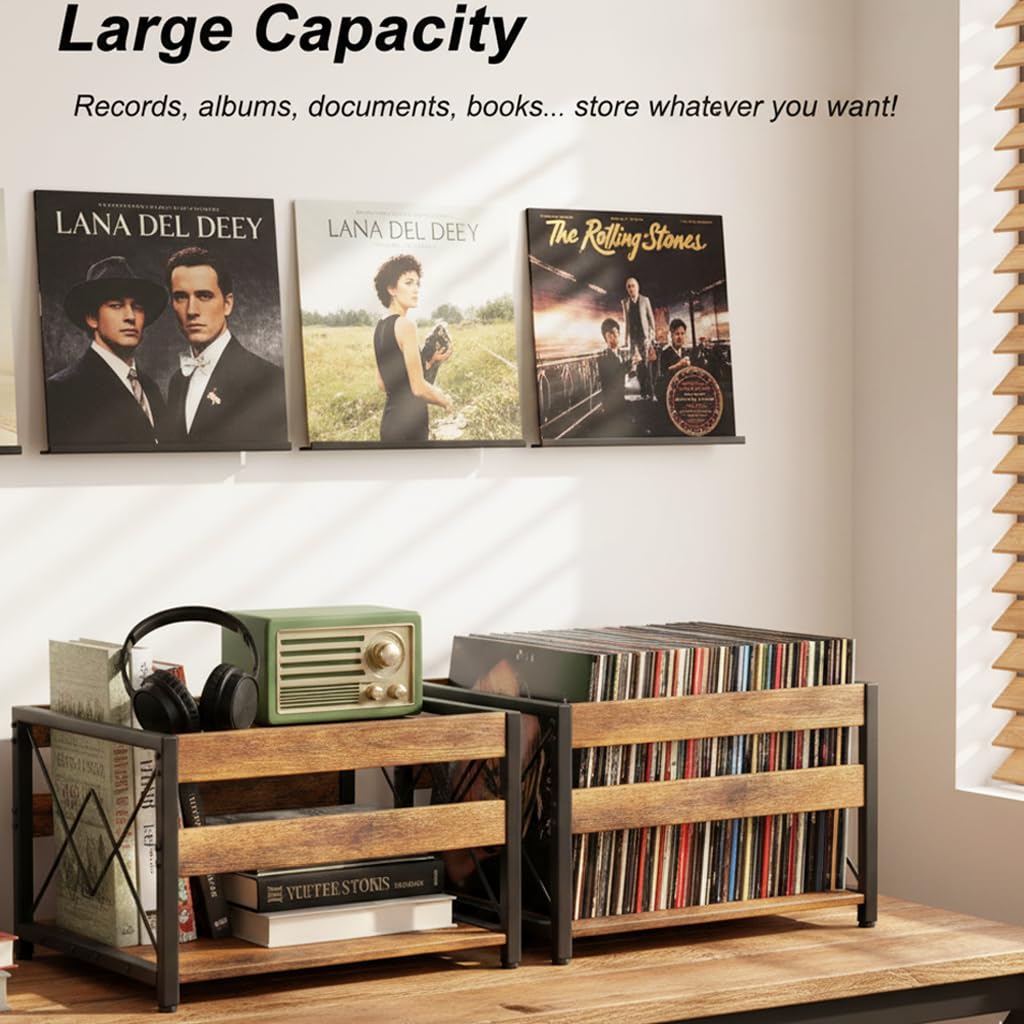 Y&M 2 Packs Vinyl Record Storage Crate, Wooden Storage Box, Classic Cube CD Albums Shelf Holder Organizer, Holds Up to 100+ Records, Magazine Rack for Desktop, Home, Office, Brown