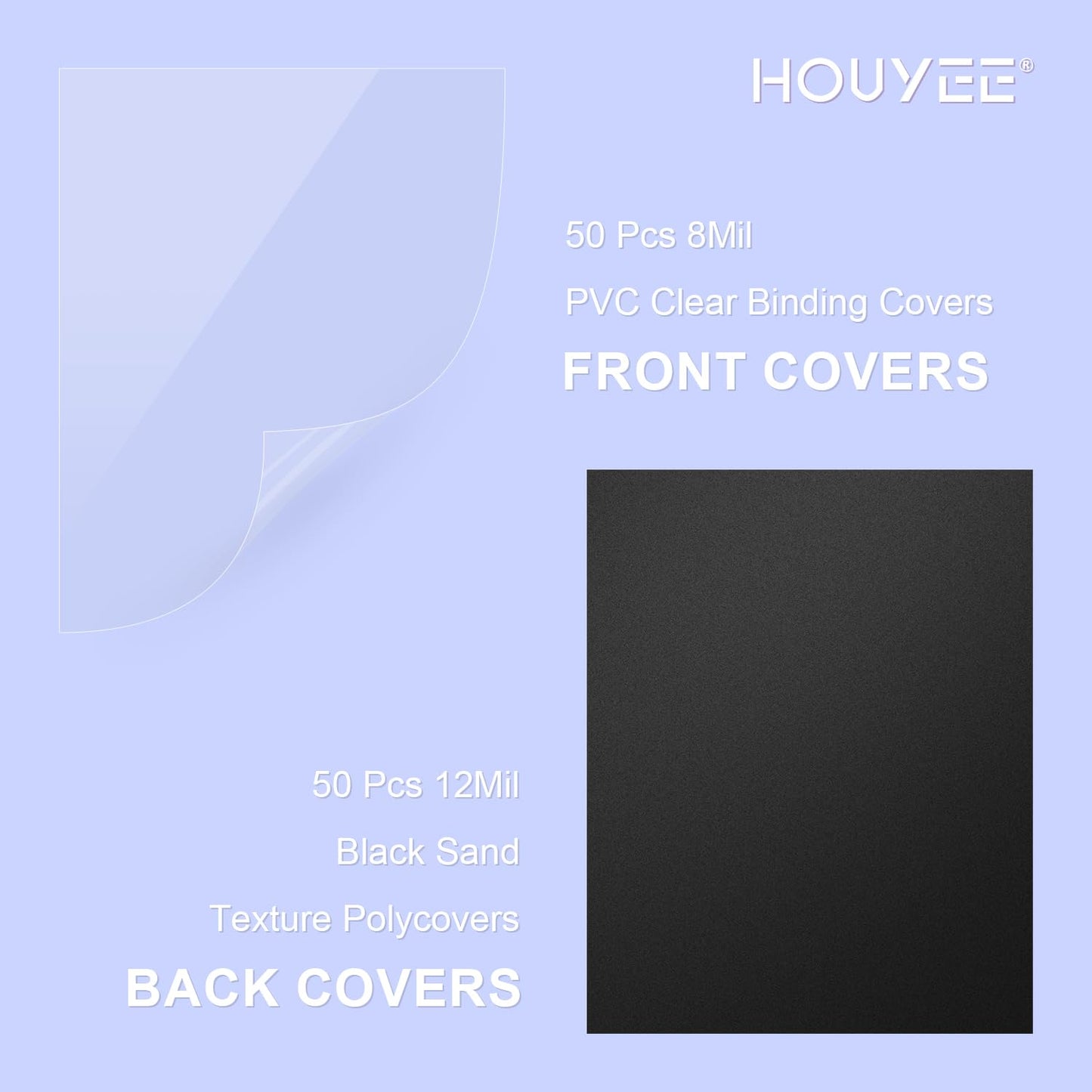 HOUYEE 100 Pack Binding Covers Set, 8.5x11 Inches, Including 50 Pcs 8 Mil Clear Binding Covers, 50 Pcs 12 Mil Black Sand Plastic