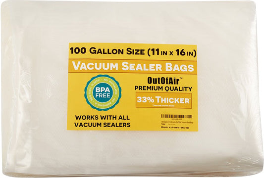 100 Vacuum Sealer Bags: Gallon Size (11" x 16") by OutOfAir Works With FoodSaver & Other Machines - 33% Thicker BPA Free, Commercial Grade, 11 x 16 inches