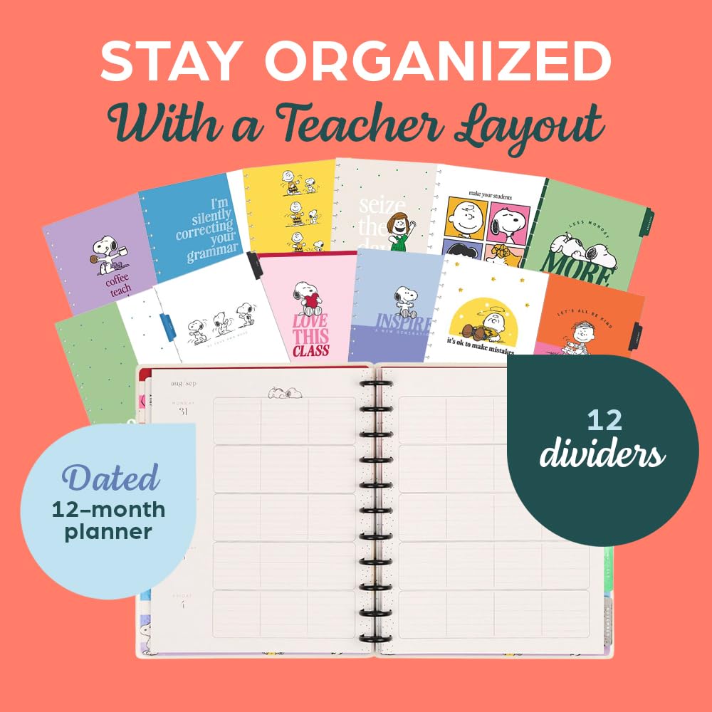 Happy Planner Peanuts Disc-Bound 12-Month Academic Planner, July 2026–June 2027, 12 Dividers, Big Size, 8.5" x 11", Teacher Layout