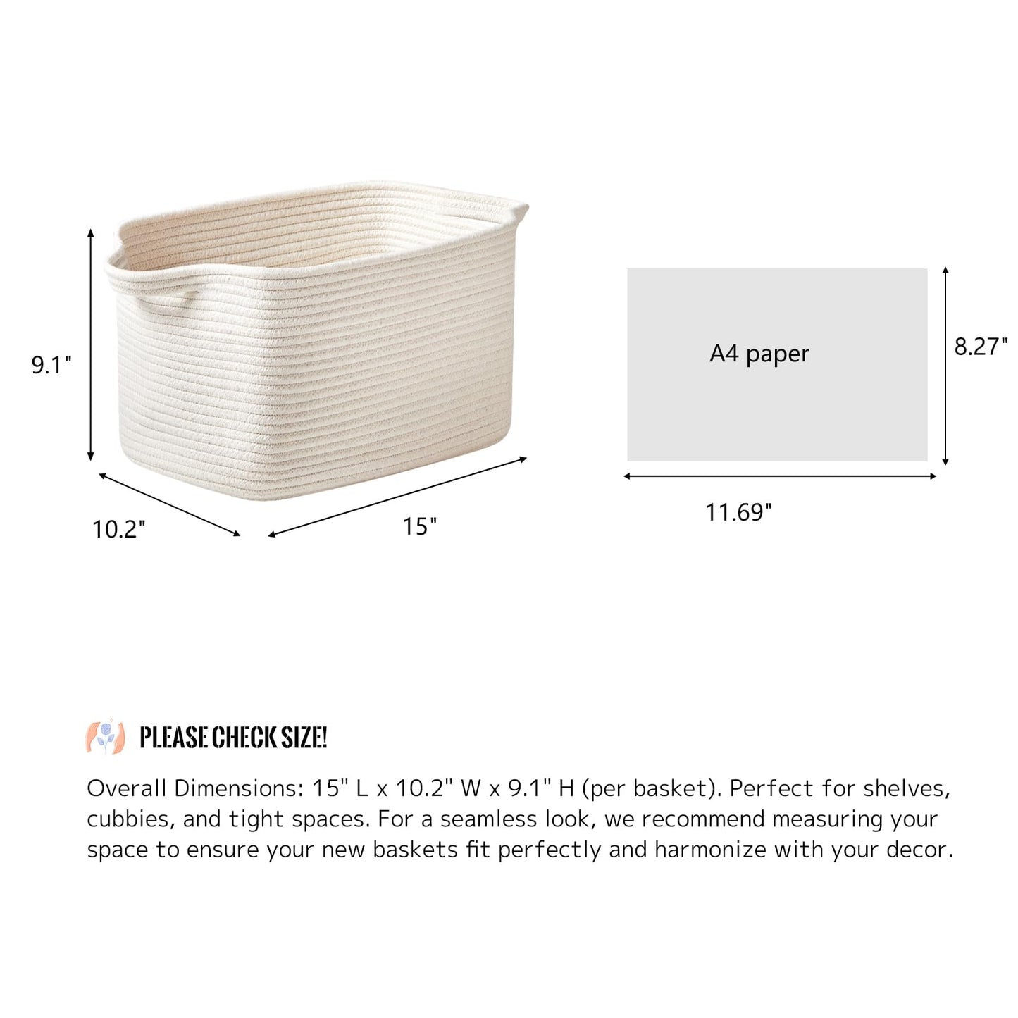 R RUNKA Cotton Rope Basket Set of 3 (15"x10.2"x9.1") - Rectangle Storage Bins - Versatile Toy Storage Organizer - Perfect for Kids, Dog Toys, Books, Shelves - White