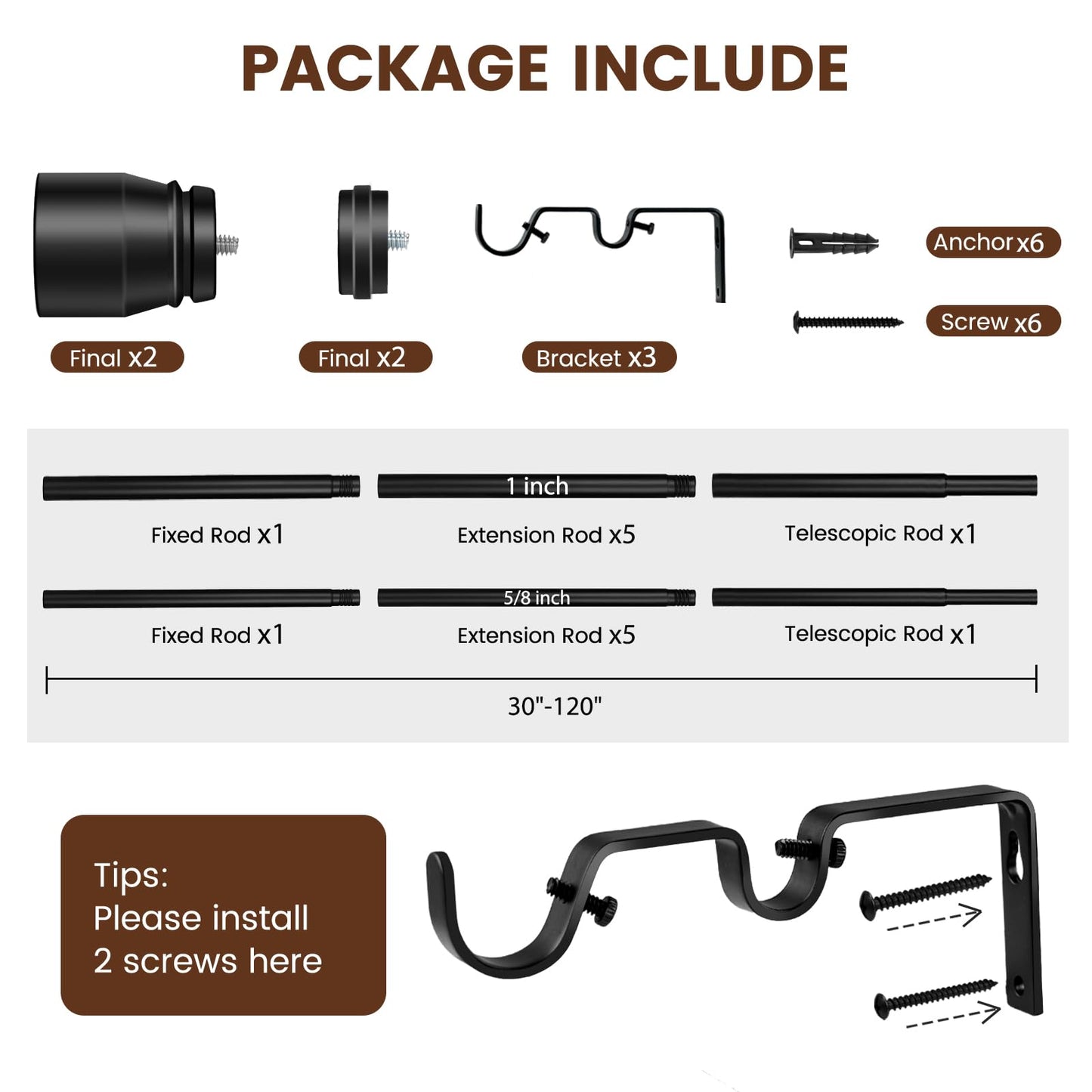 Heavy Duty Double Curtain Rod 84-120 Inch Length, 1 Inch Adjustable Matte Black Double Curtain Rod with Brackets, Long Double Curtain Rod for Windows Sliding Door (Black, 32-120", 1 PCS)