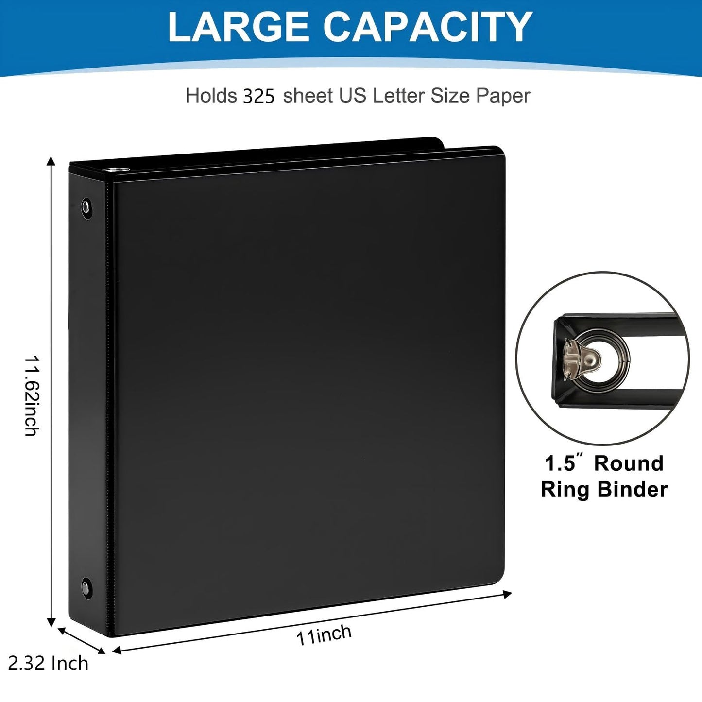 SUQJOY 1.5-Inch 3-Ring Binder with Pockets, 1-1/2’’ Clear View Binders, PVC Free, Holds up to 325 Sheets US Letter Size, Perfect for School,Office and Home(6 Pack, Black)