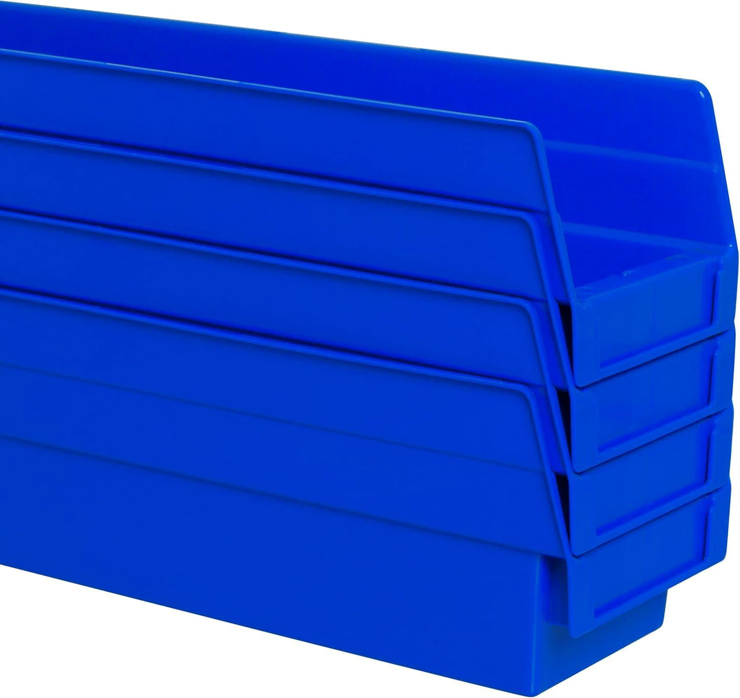 Akro-Mils 30128 Plastic Shelf Bins, Heavy Duty Storage Bins for Garage, Closet, and Drawer Organization, 18 x 4 x 4 inches, Blue, 12-Pack