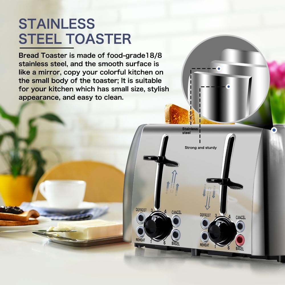 prepAmeal Toaster 4 Slice Stainless Steel Bagel Toaster Extra Wide Slots with 6 Browning Setting, Bagel/Reheat/Defrost/Cancel Function for Toasting Bread, Bagels and Waffles, 1500W, Silver