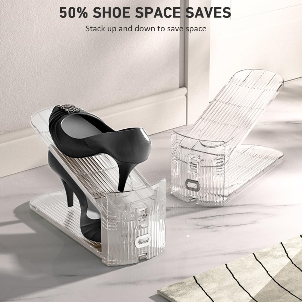 12 Pack Clear Shoe Slots Organizer - Adjustable Height 3.7''to 7.7'' Shoe stackers for a pair of shoes ,Shoe rack storage shoe space saver 50%,Easy to assemble shoe hold shoe organizer for cloest