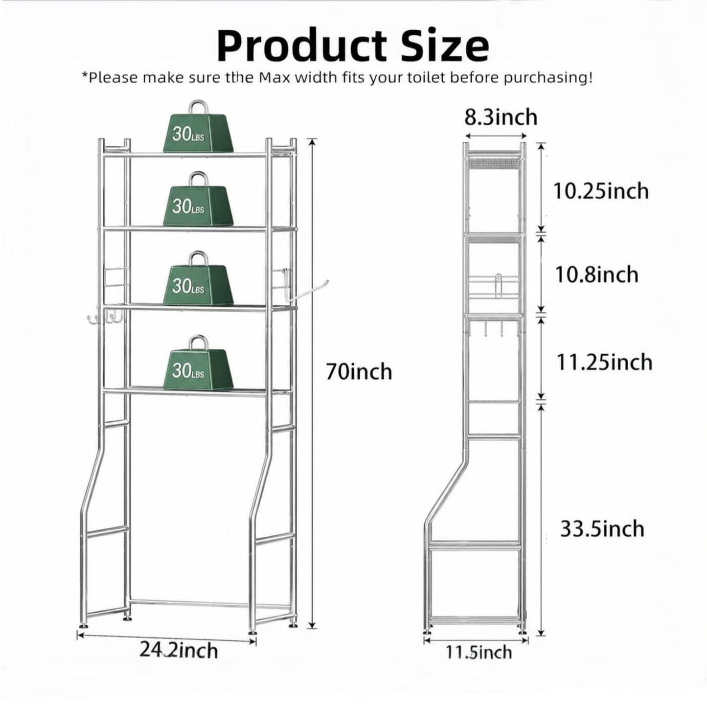 Ekisemio Over the Toilet Storage Cabinet, Metal 4 Tier Bathroom Shelves Over Toilet, Bathroom Oragnizer with 4 Hooks and Paper Holder, Chrome