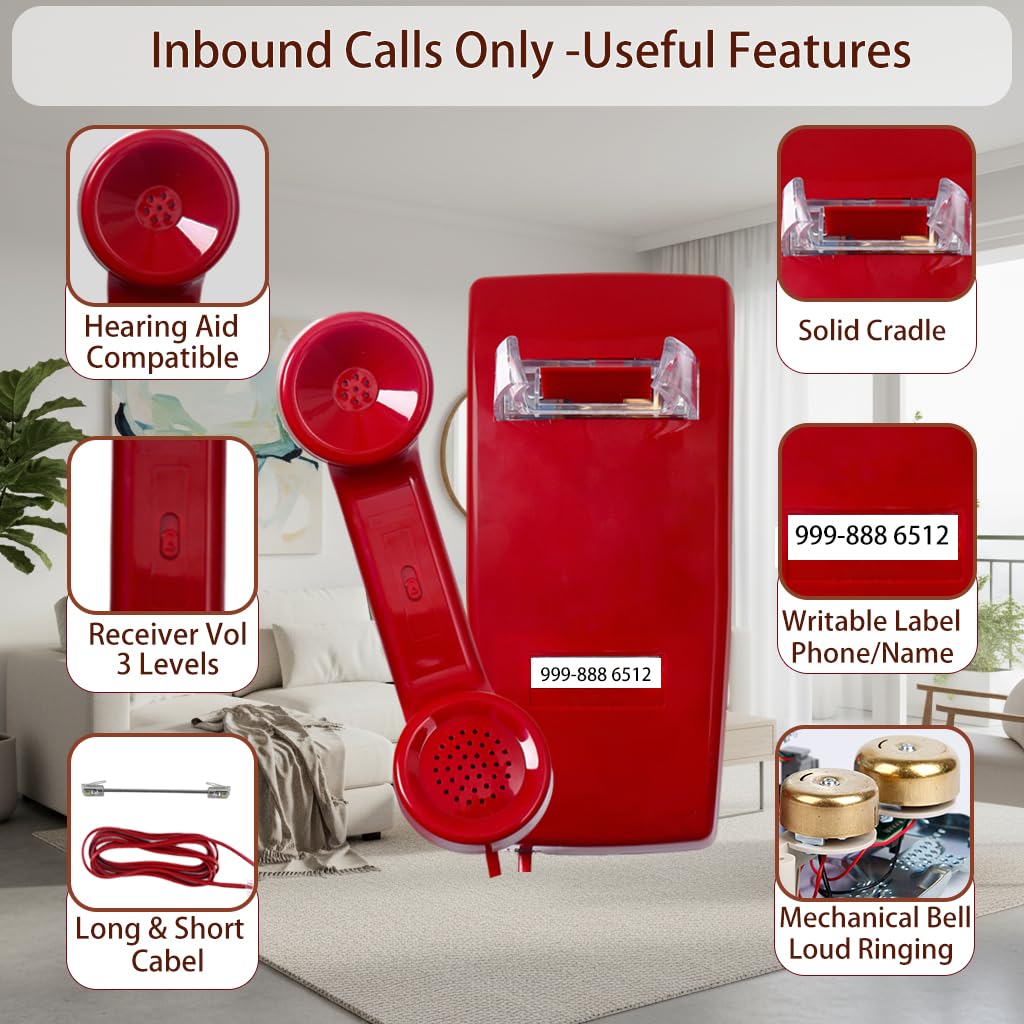 HTMengt No Dial Wall Phone for Elderly Dementia, No Dialpad Wall Telephone for Older,Incoming Calls Only Wall Phones for Senior, 2554 Wall Telephone without Keypad for Memory Care,Home,Bar,Garage, Red